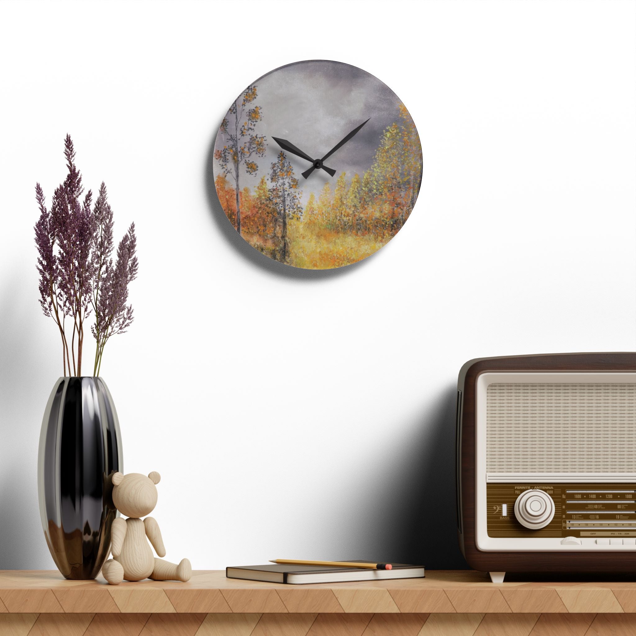 Autumn Meadow Acrylic Wall Clock – Moody Fall Landscape Home Decor