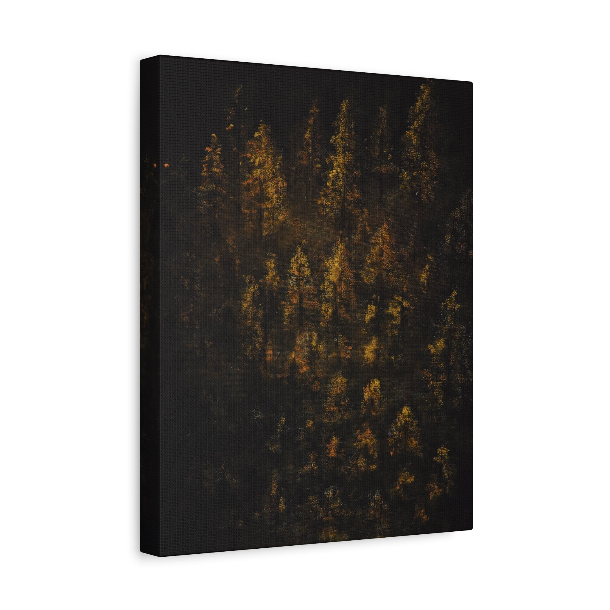 Autumn Forest Matte Canvas Print — Gold Fall Trees Wall Art, Stretched - Airel view of a forest with black, orange and gold tones.