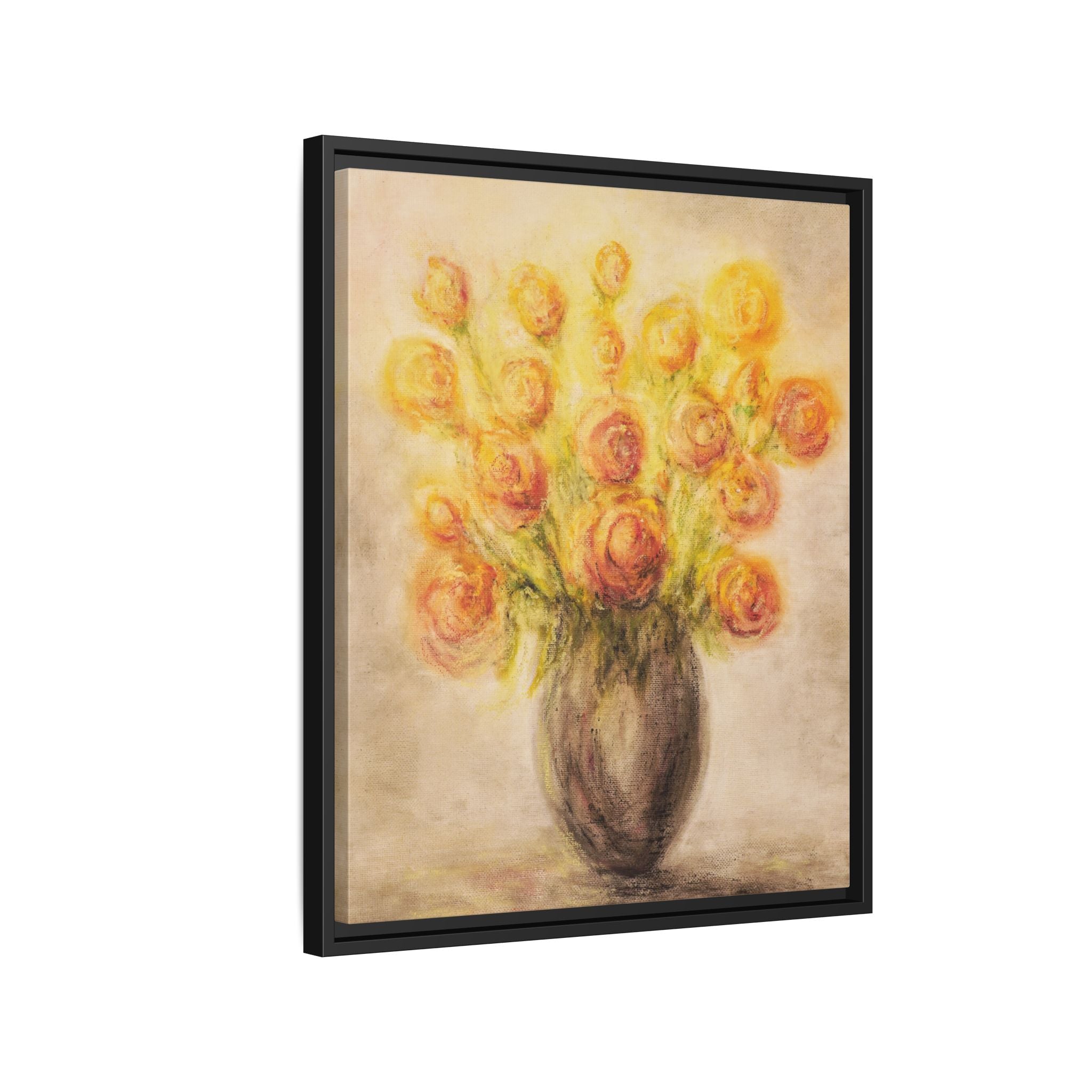 Framed Matte Canvas Floral Bouquet Wall Art — Yellow Rose Vase Print