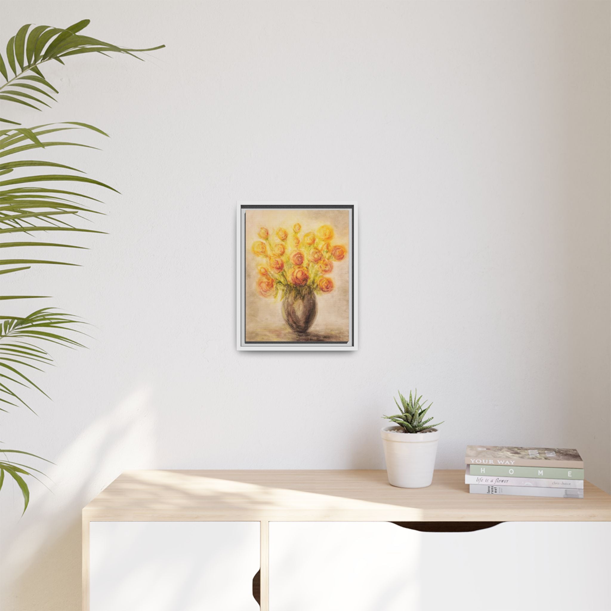 Framed Matte Canvas Floral Bouquet Wall Art — Yellow Rose Vase Print