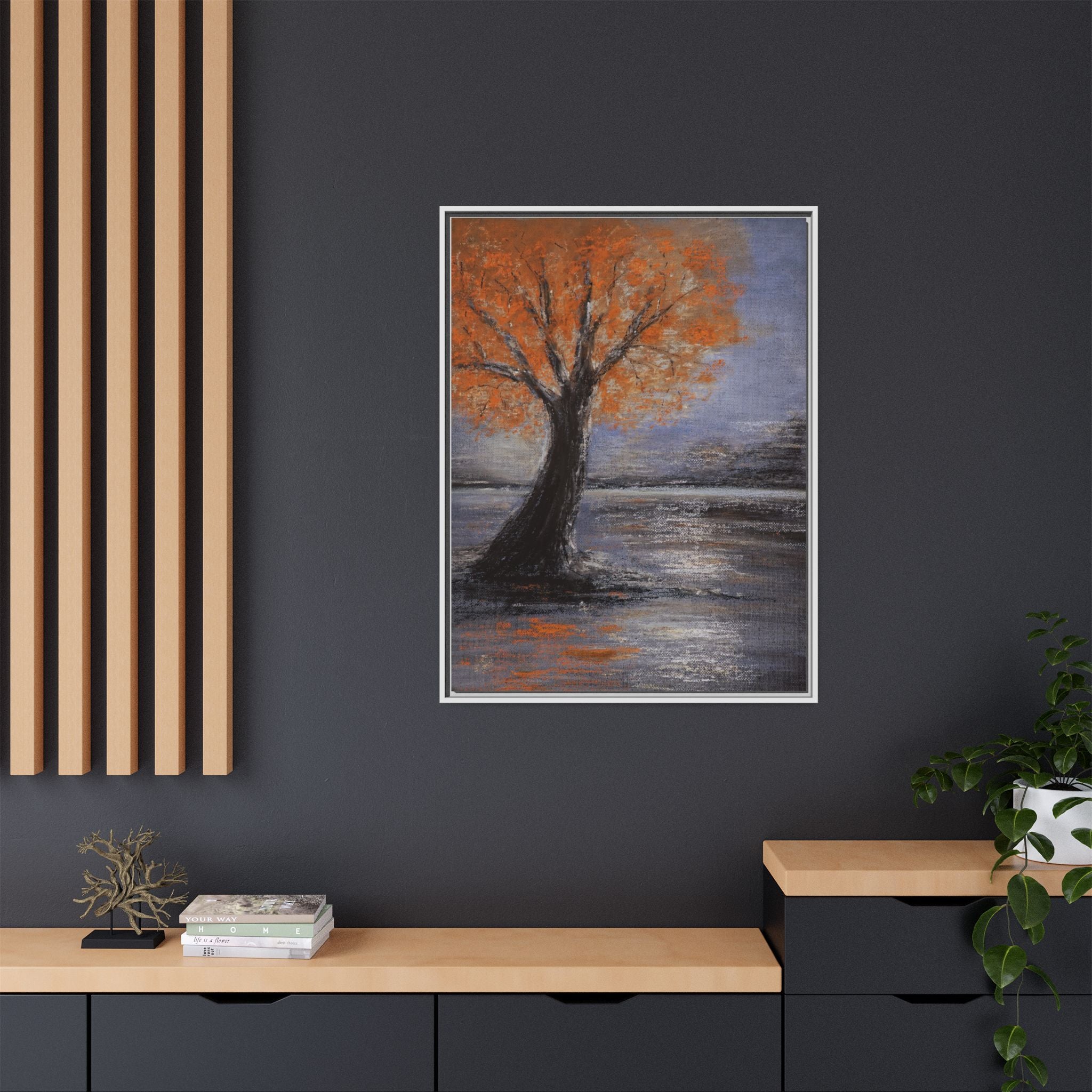 Framed Autumn Tree Canvas Print — Orange Tree Landscape Wall Art