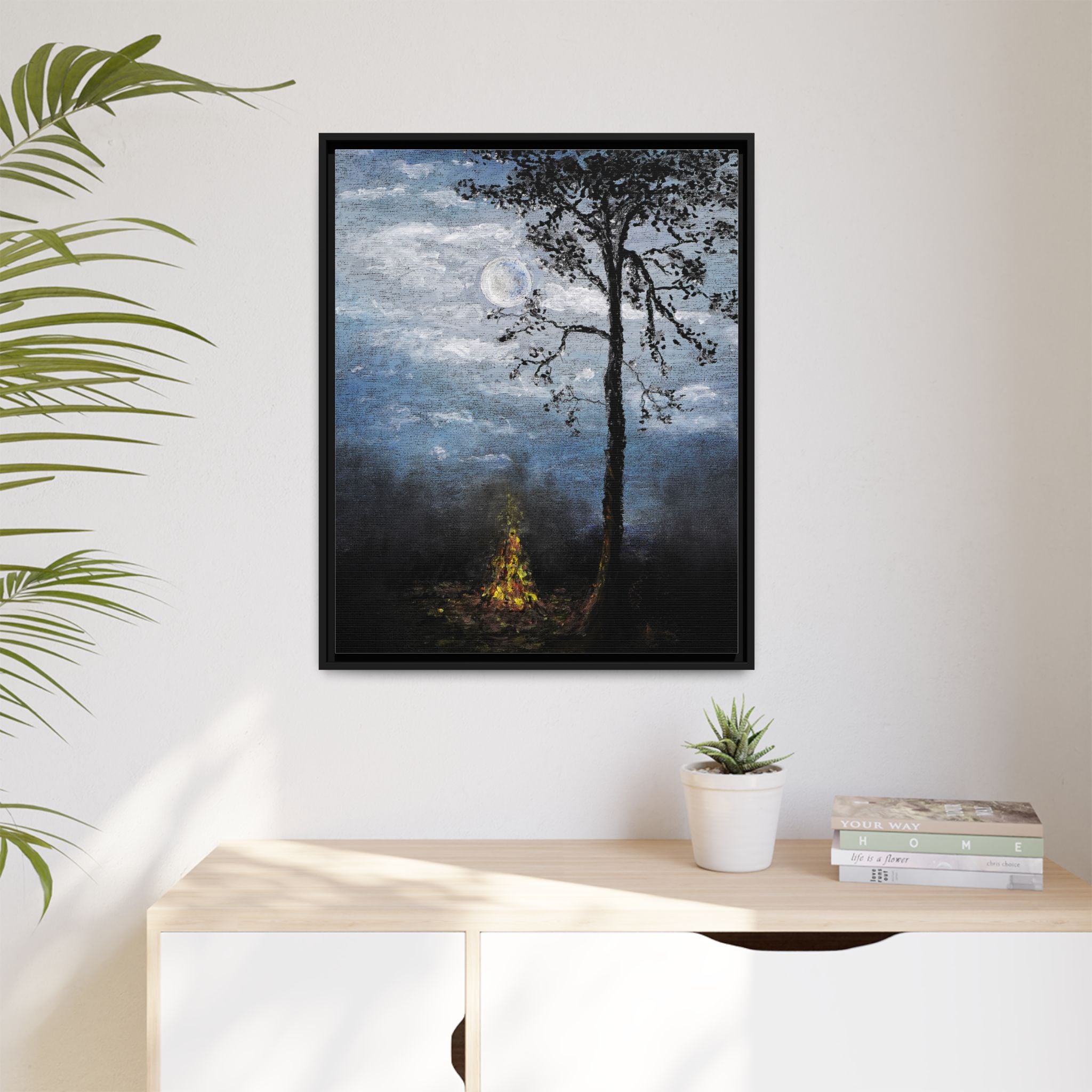 Framed Matte Canvas Print — Moonlit Campfire Landscape