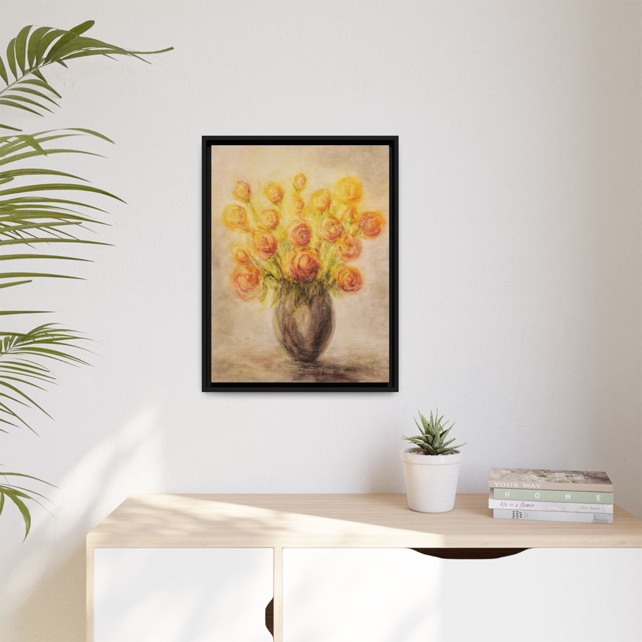 Framed Matte Canvas Floral Bouquet Wall Art — Yellow Rose Vase Print