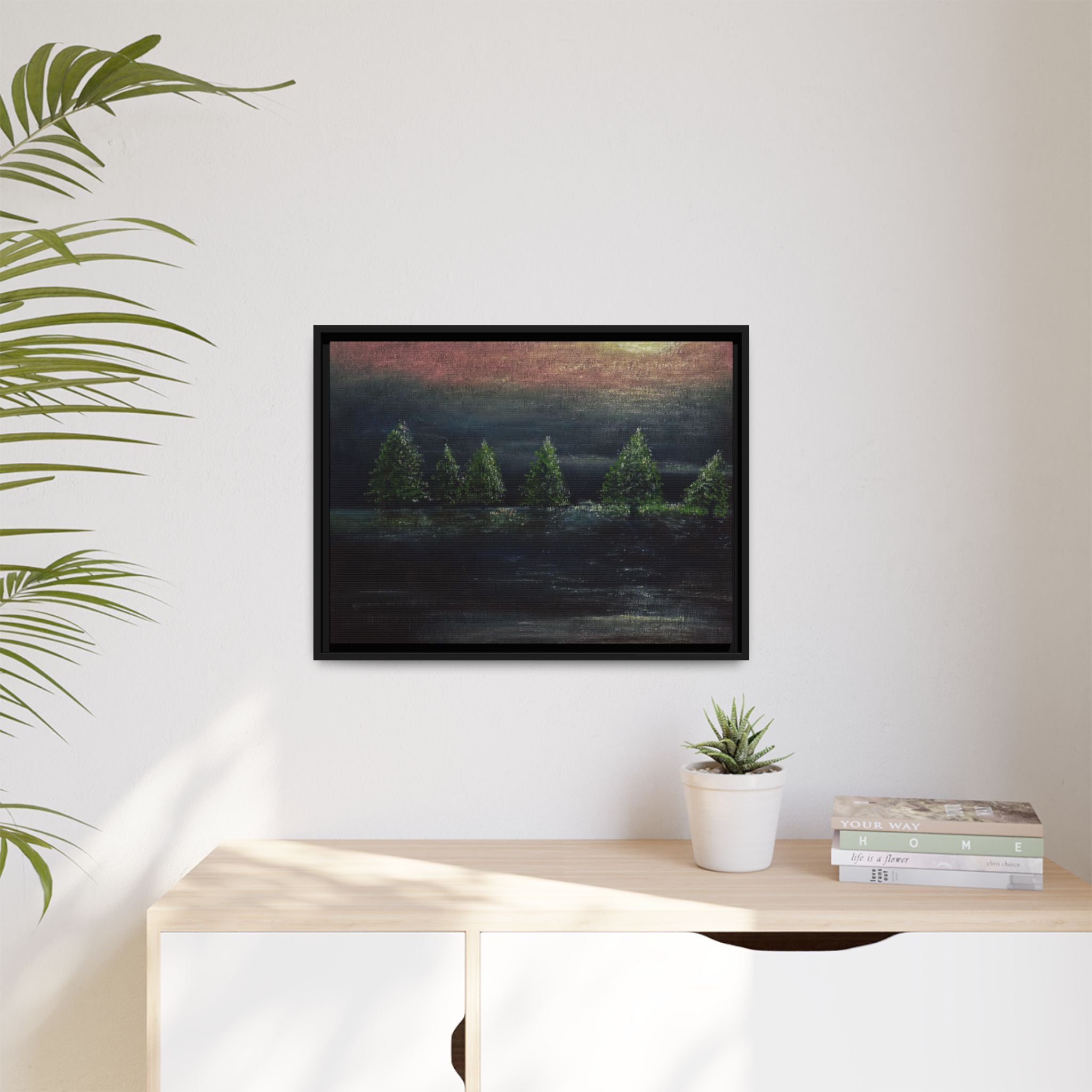 Framed Matte Canvas Wall Art — Moonlit Pine Trees Landscape