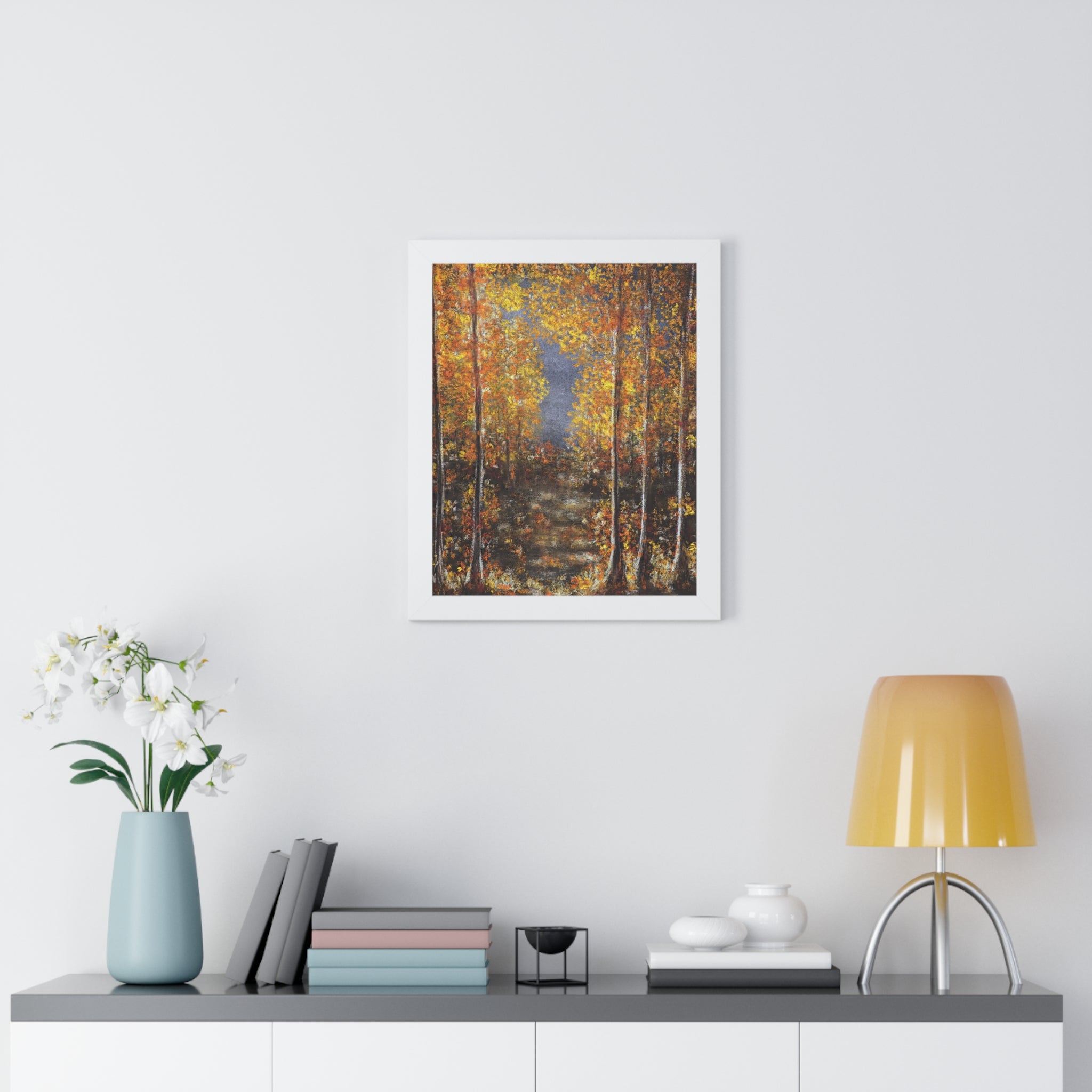 Autumn Birch Forest Framed Vertical Poster – Fall Landscape Wall Art
