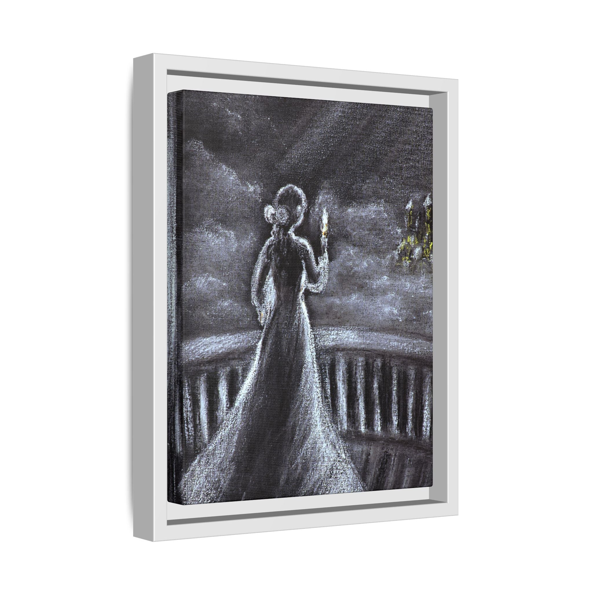Framed Matte Canvas — Moonlit Lady on Balcony