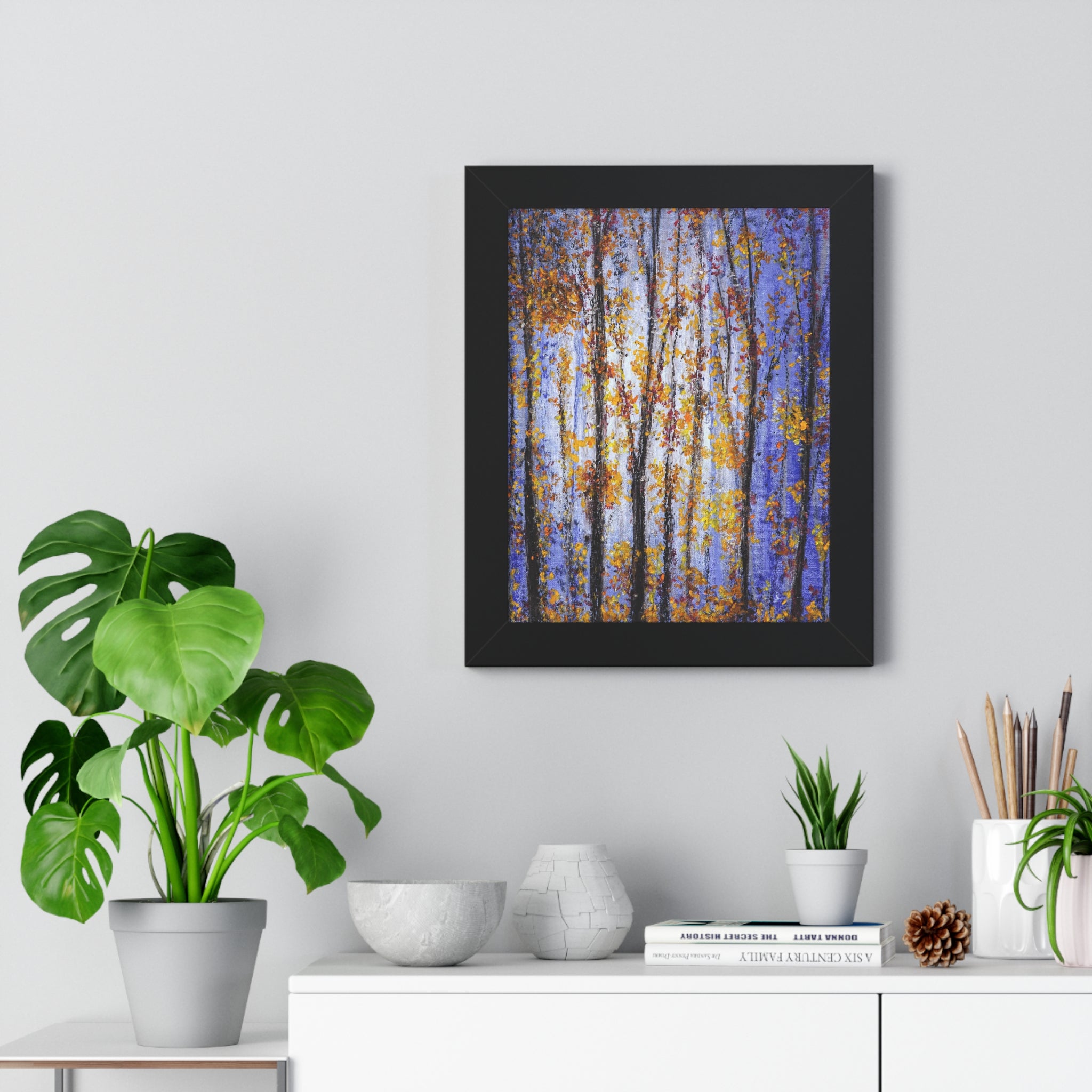 Autumn Birch Forest Framed Vertical Poster — Fall Trees Wall Art