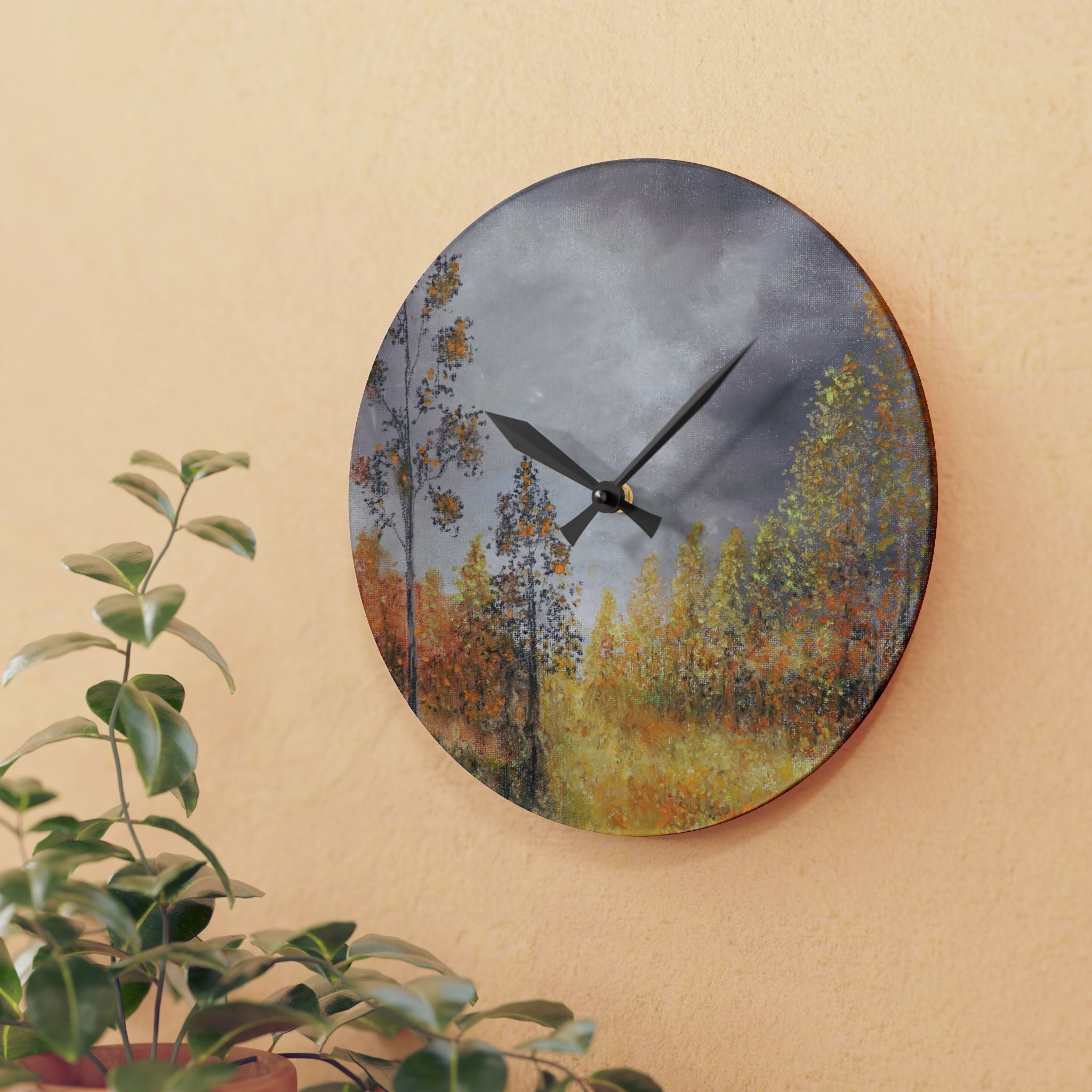 Autumn Meadow Acrylic Wall Clock – Moody Fall Landscape Home Decor