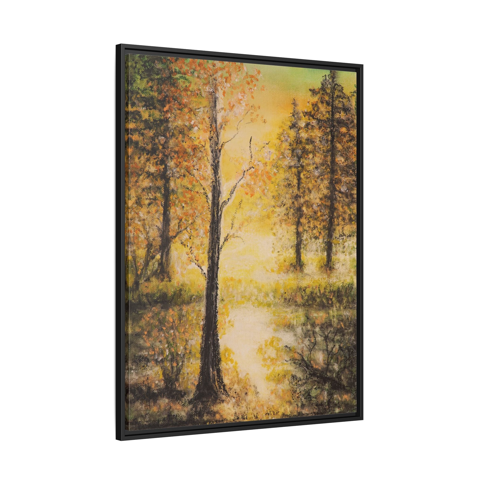 Framed Autumn Forest Canvas Print — Golden Lakeside Wall Art