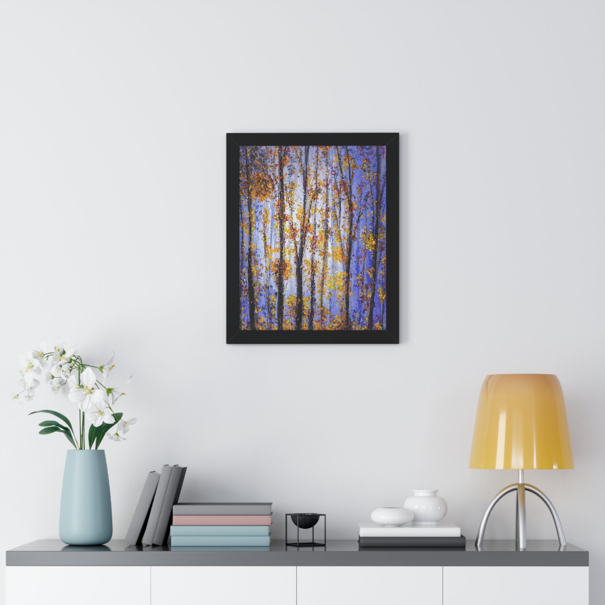 Autumn Birch Forest Framed Vertical Poster — Fall Trees Wall Art