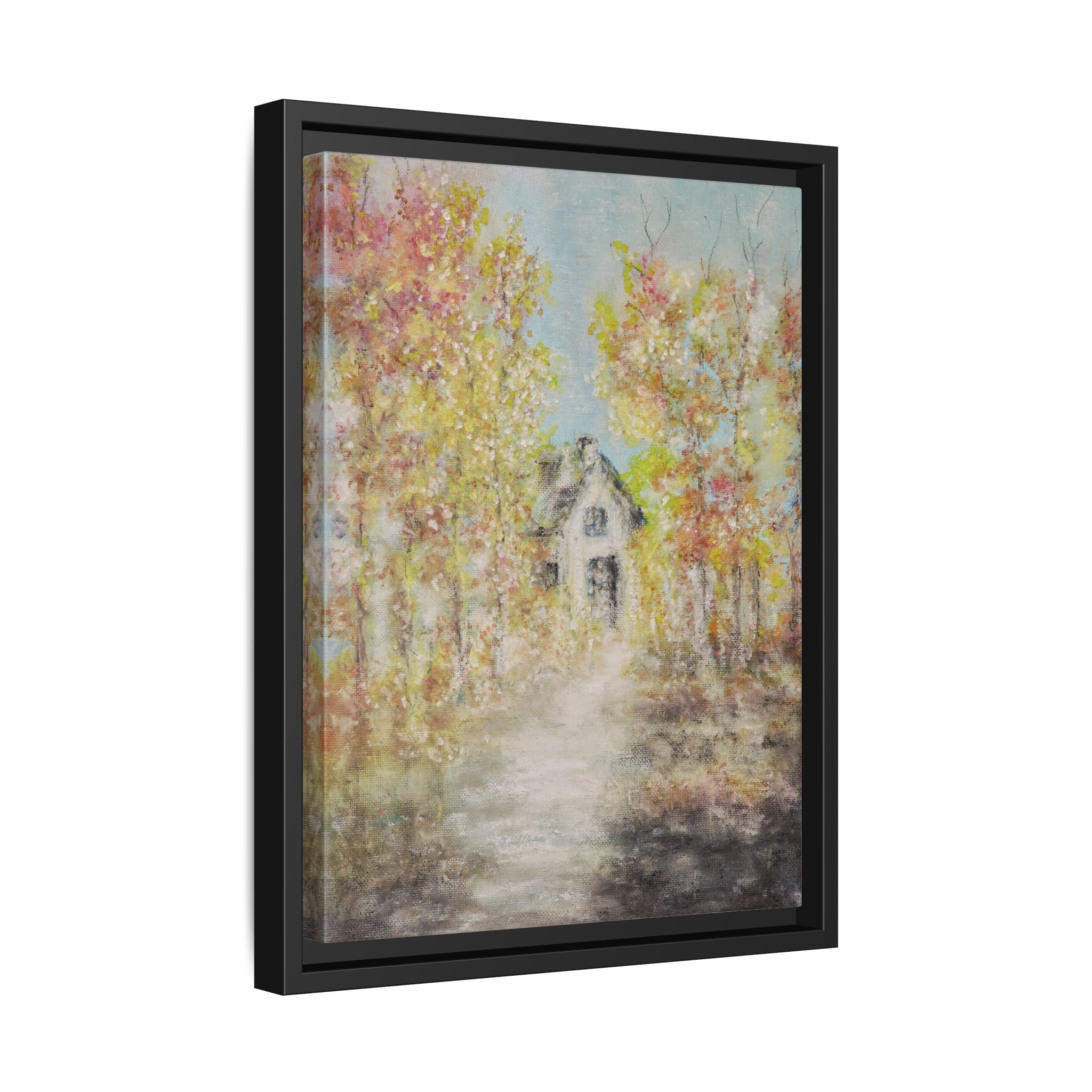 Framed Autumn Cottage Canvas Print — Rustic Fall Landscape Wall Art
