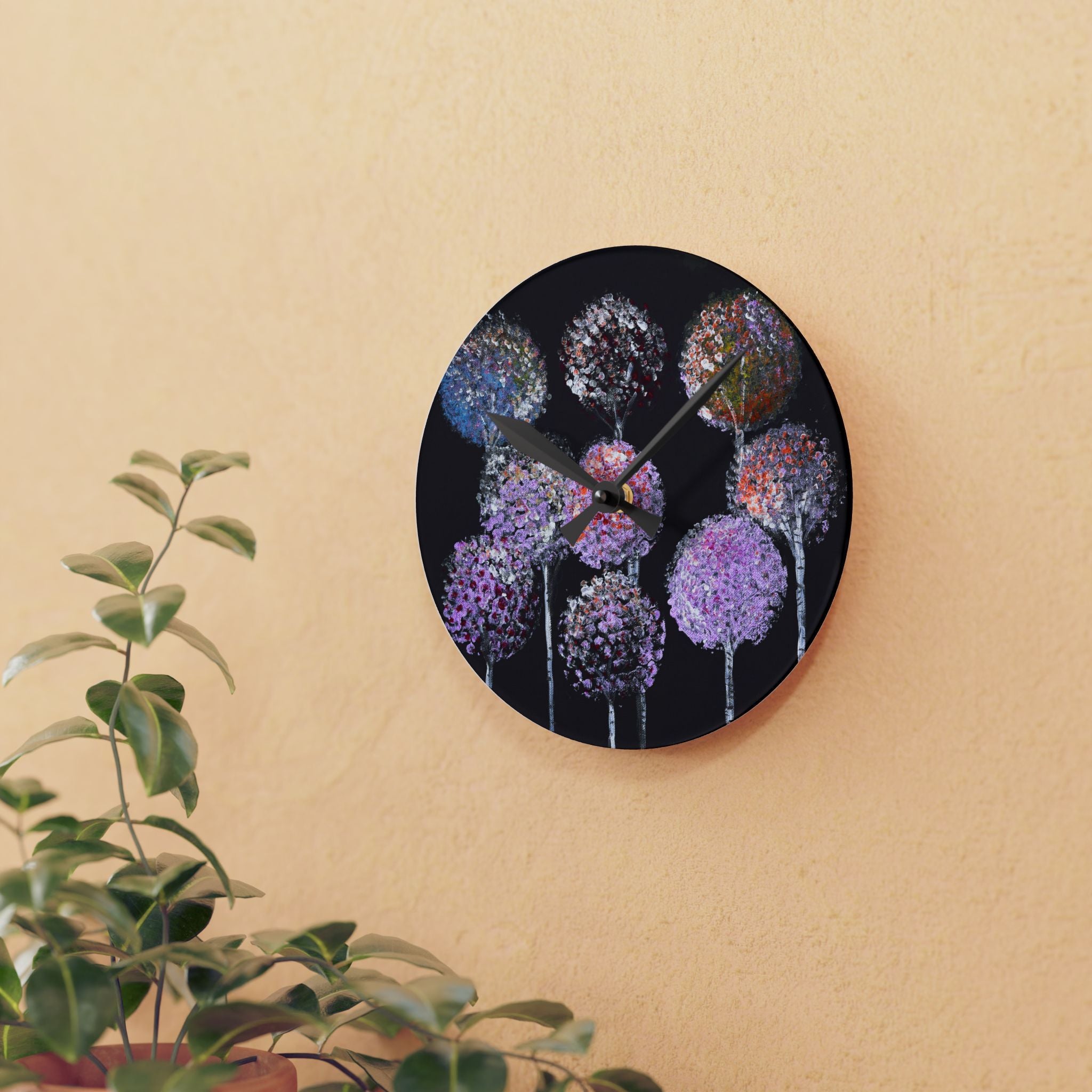 Acrylic Wall Clock — Pastel Allium Floral Design on Black