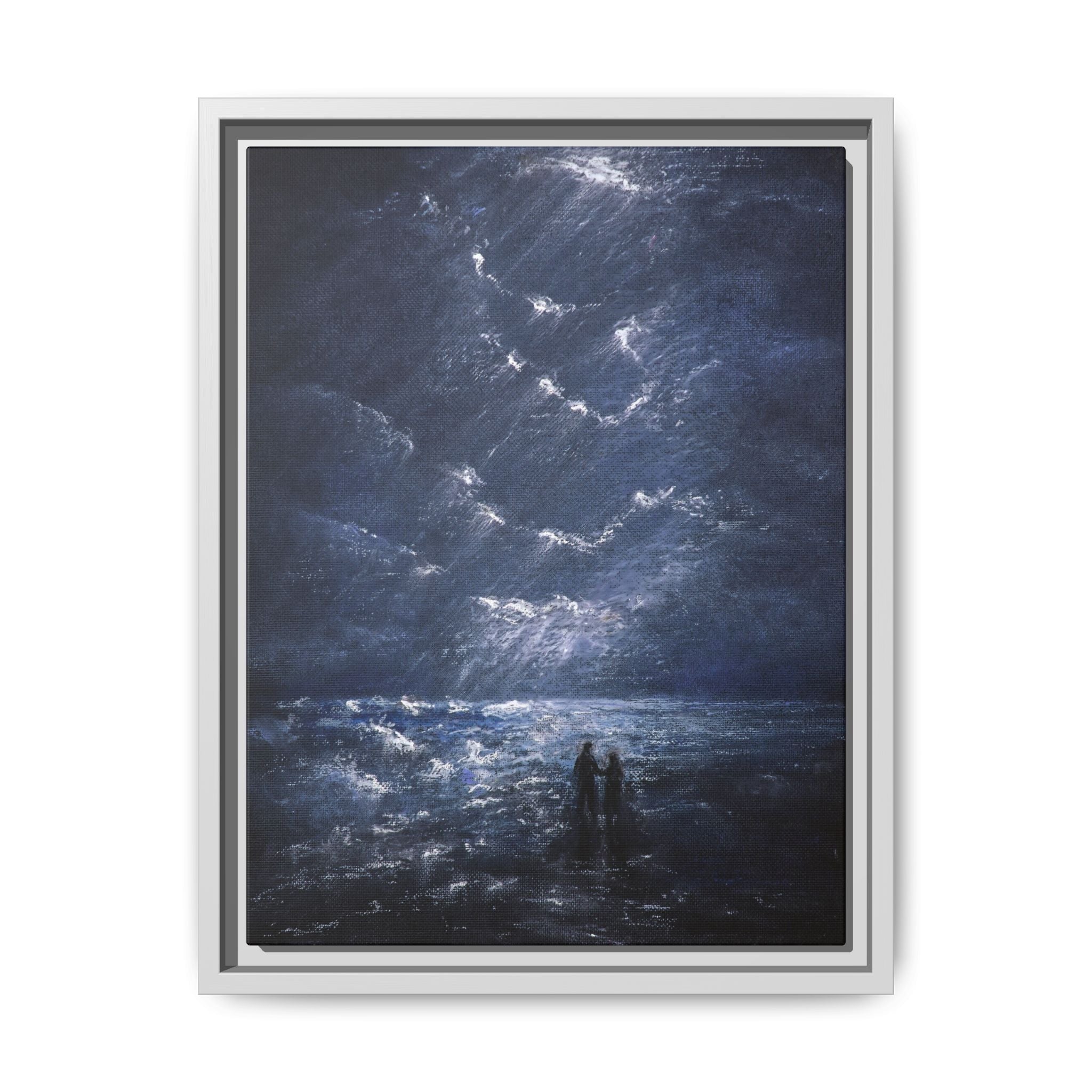 Couple on Shore at Night - Framed Canvas Art