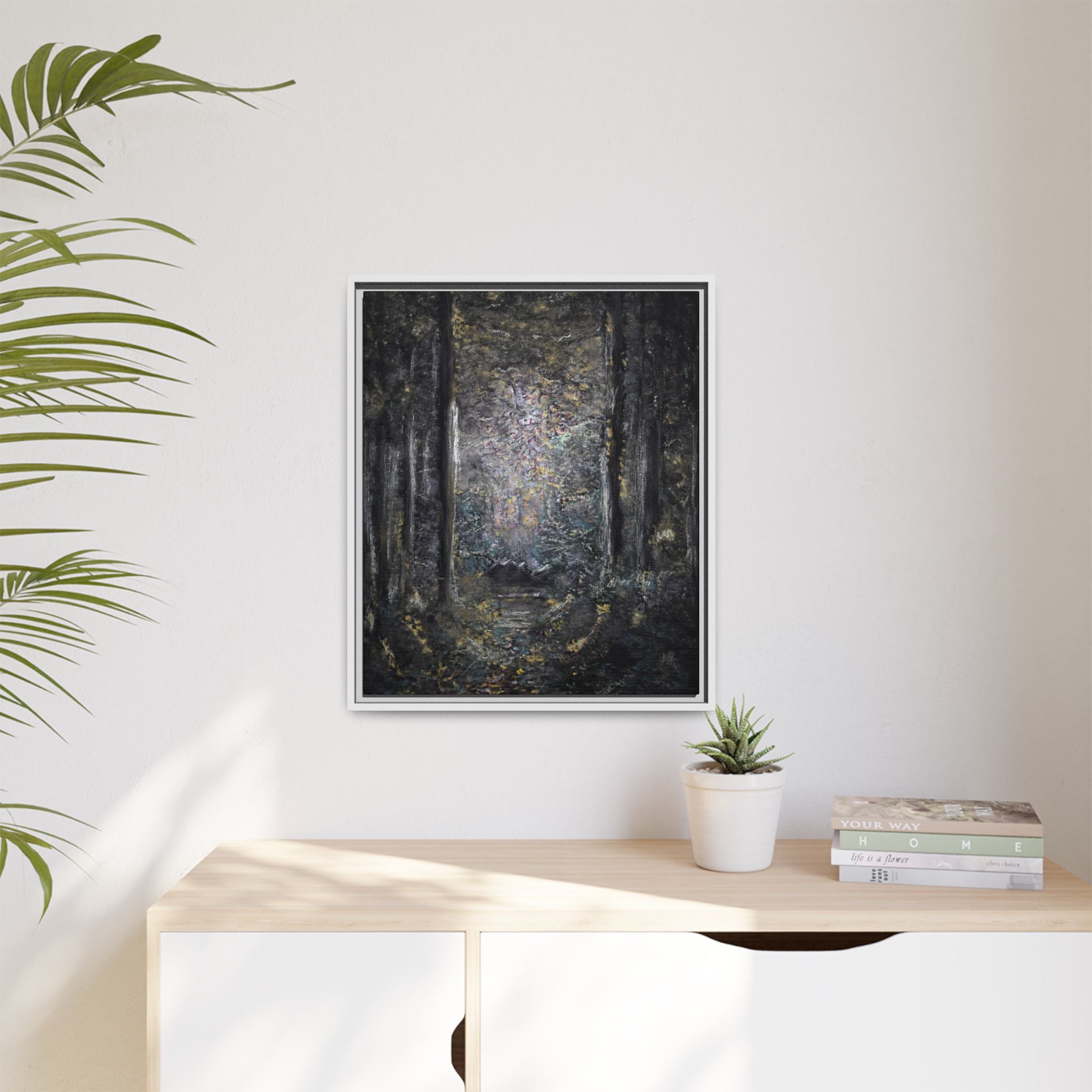 Framed Matte Canvas Forest Painting — Moody Woodland Wall Art