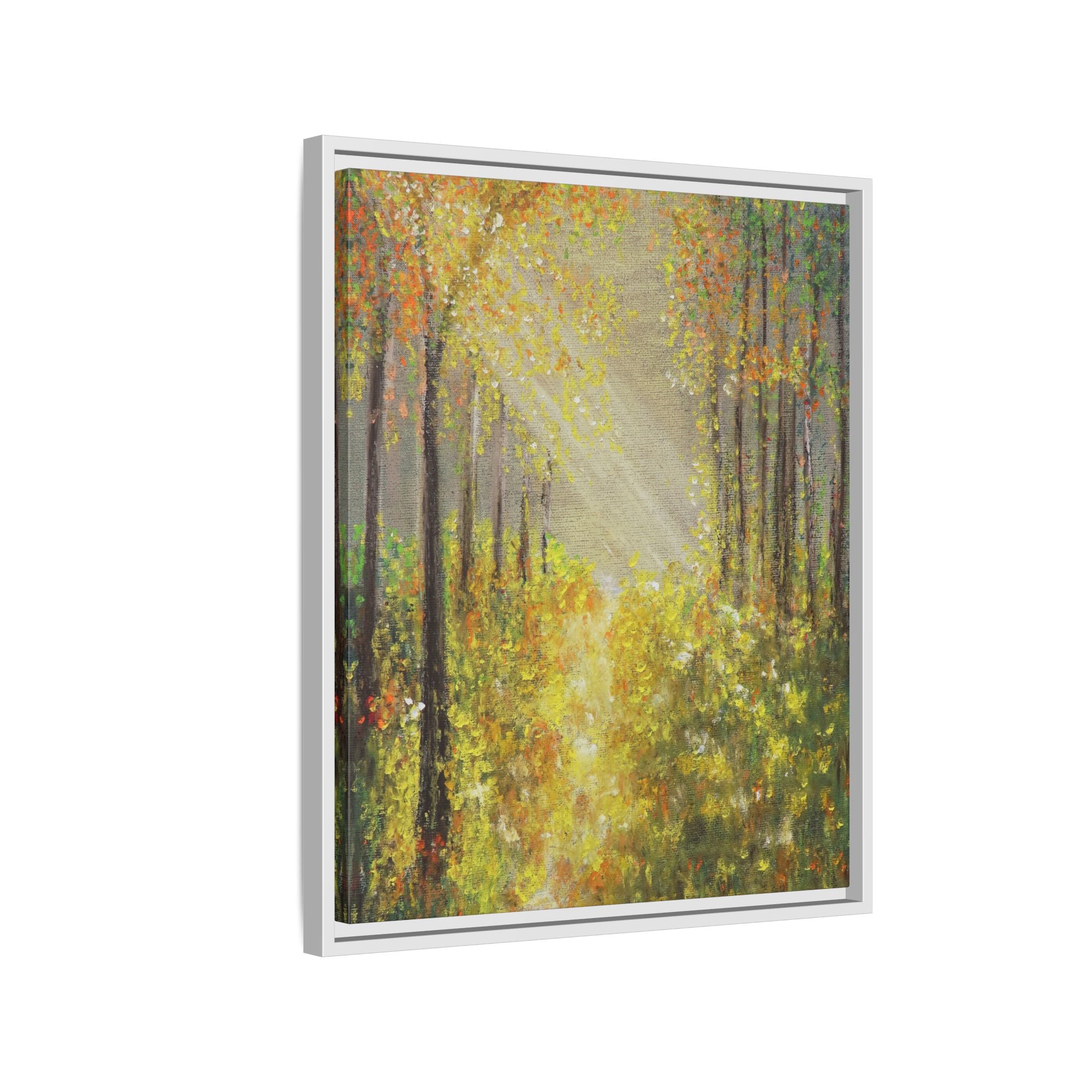 Sunlit Forest Path Framed Canvas Art — Autumn Woodland Wall Decor