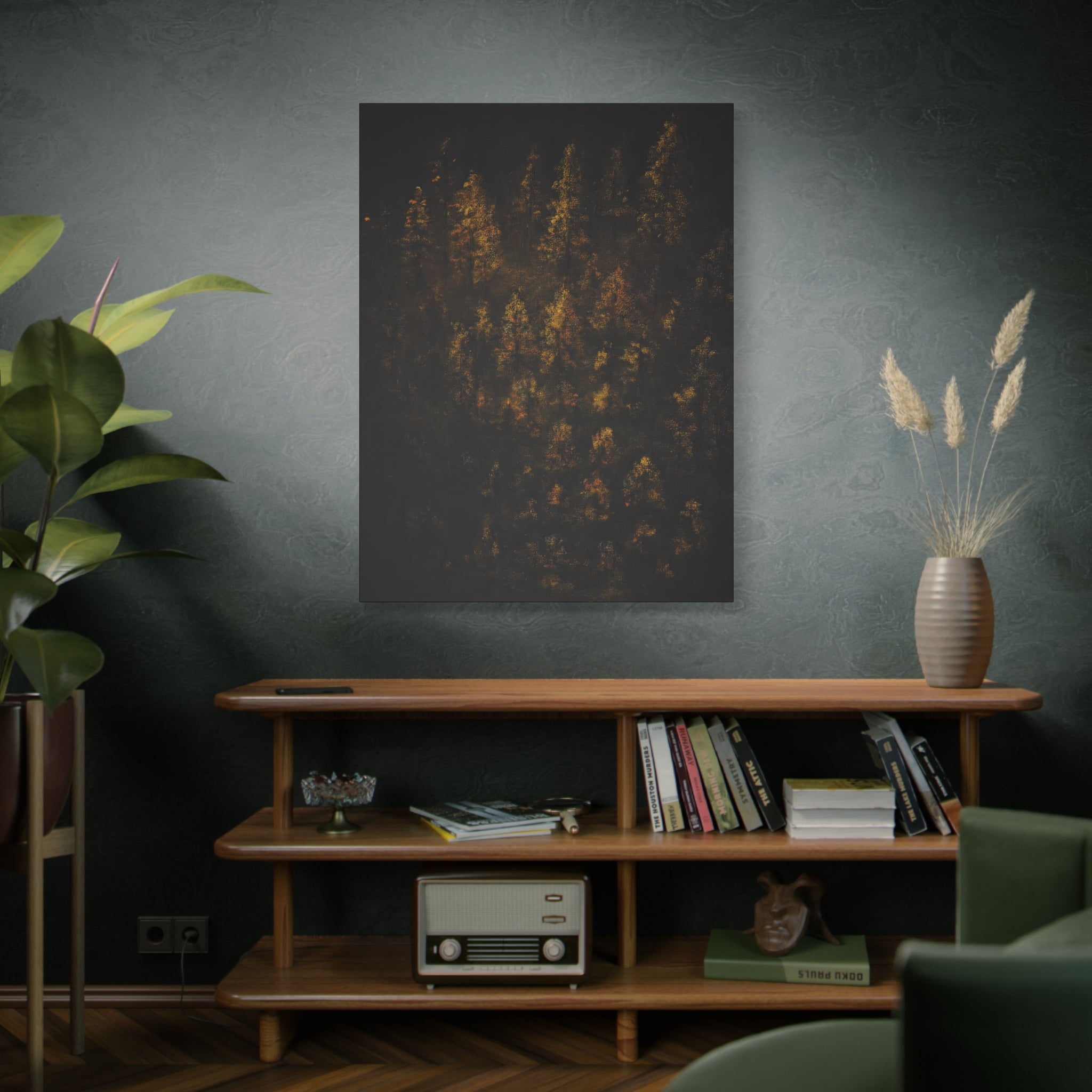 Modern living room with a dark wall, wooden shelf, and Autumn Forest Matte Canvas Print — Gold Fall Trees Wall Art, Stretched in orange and gold tones with deep shadows.