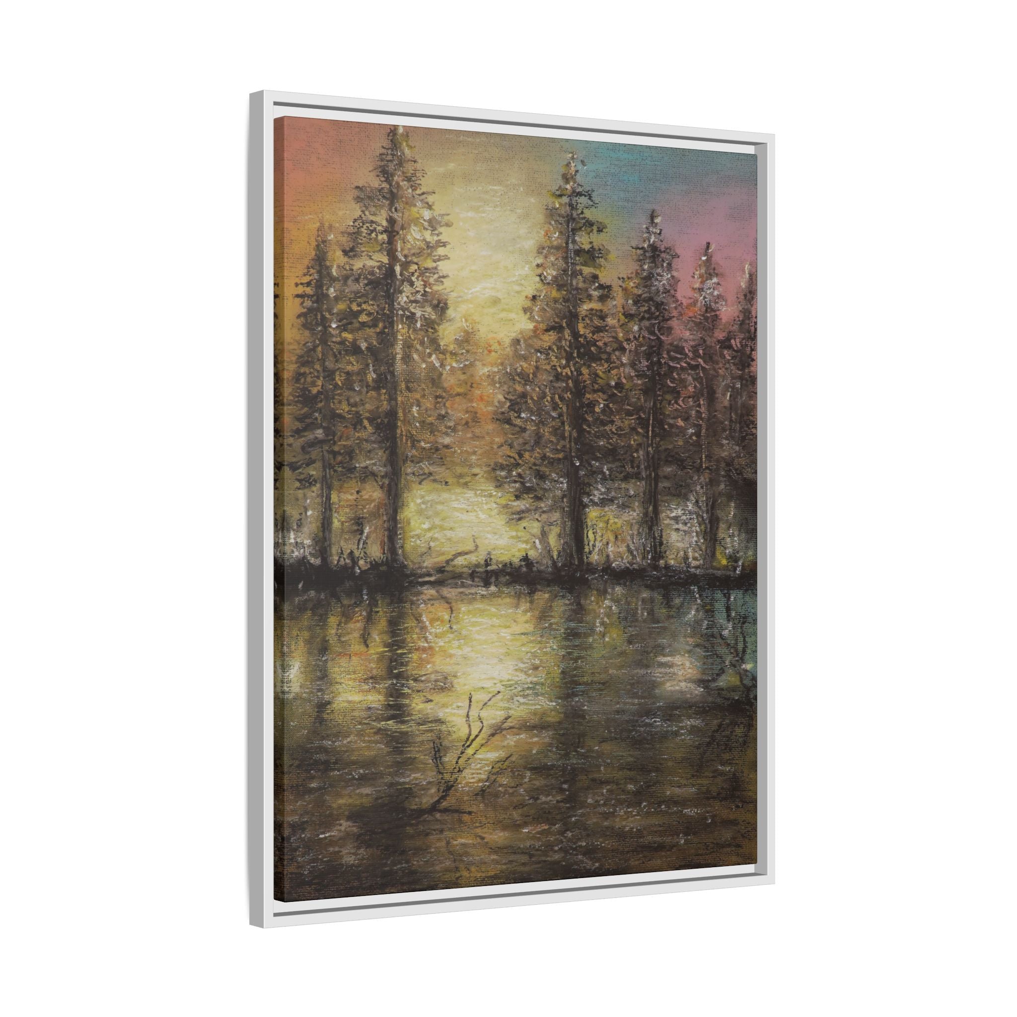 Framed Matte Canvas Wall Art — Sunset Forest Reflection
