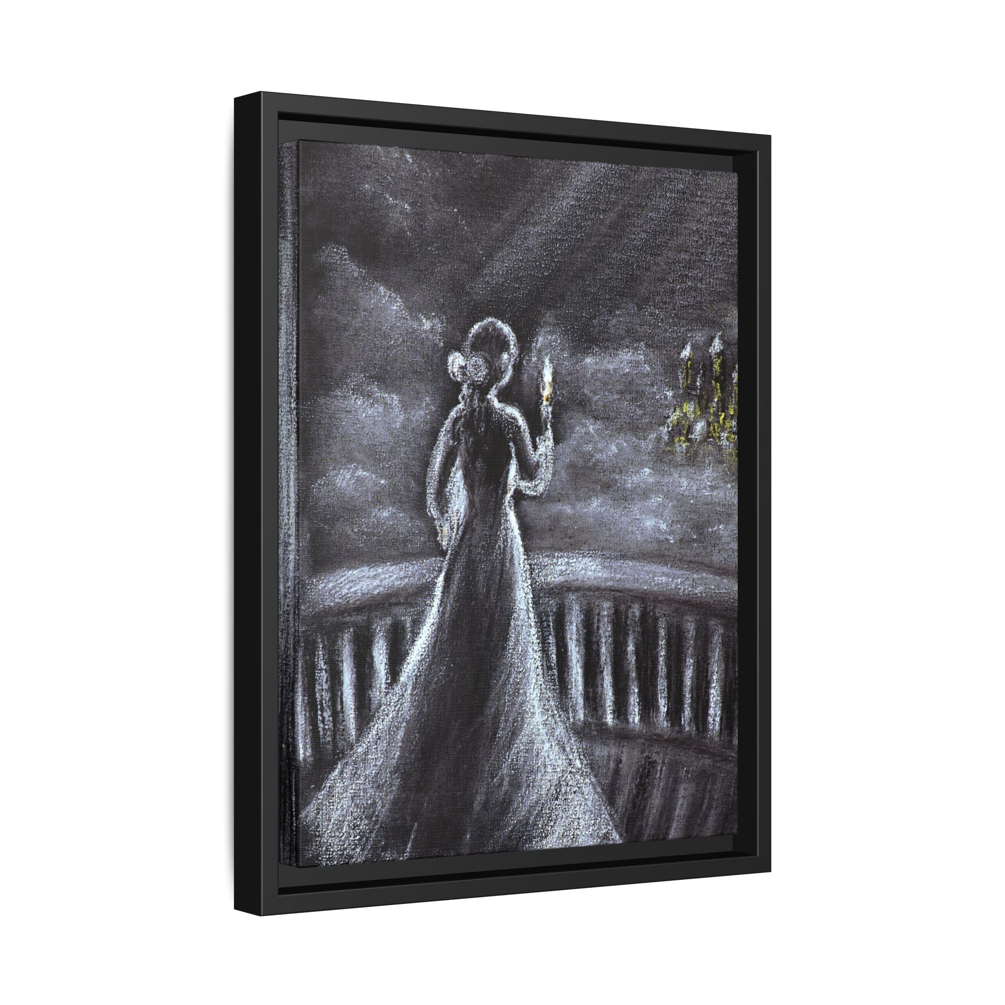 Framed Matte Canvas — Moonlit Lady on Balcony