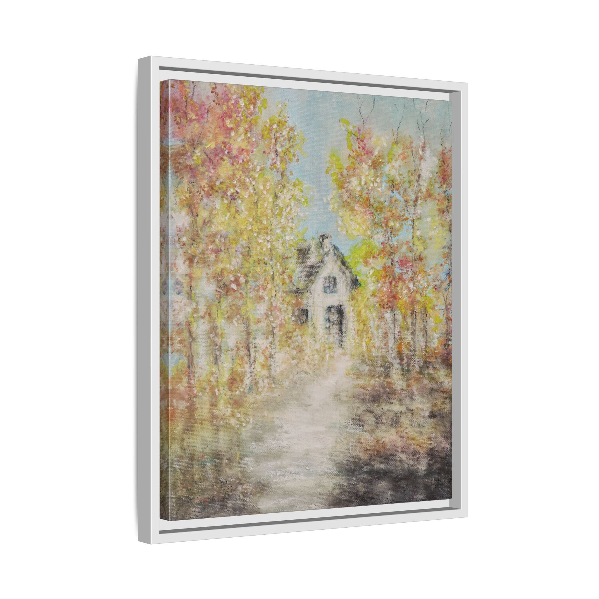 Framed Autumn Cottage Canvas Print — Rustic Fall Landscape Wall Art