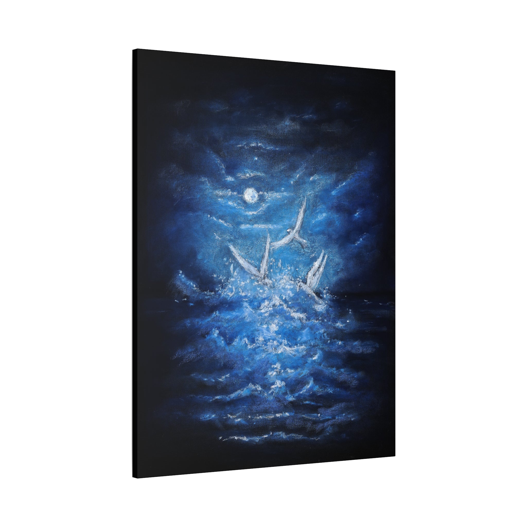 Moonlit White Birds Matte Stretched Canvas – Serene Ocean Wall Art