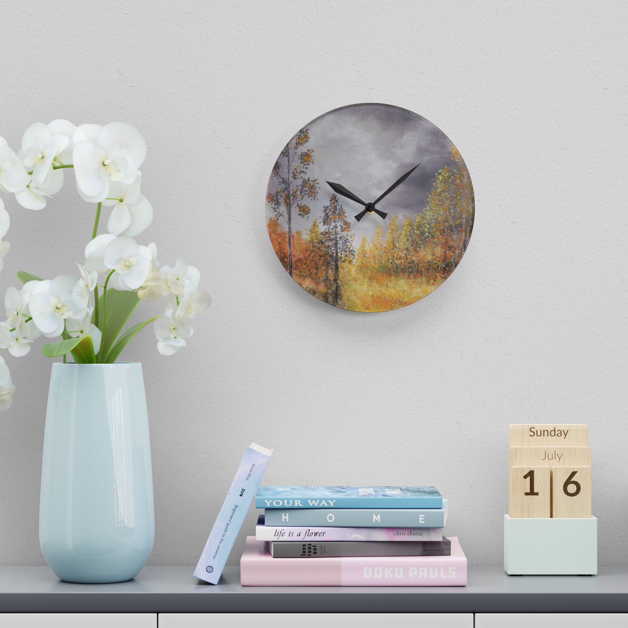 Autumn Meadow Acrylic Wall Clock – Moody Fall Landscape Home Decor
