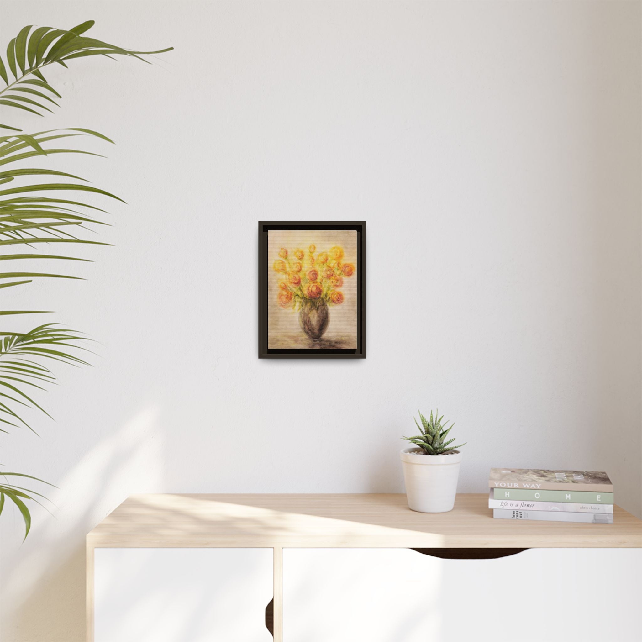 Framed Matte Canvas Floral Bouquet Wall Art — Yellow Rose Vase Print
