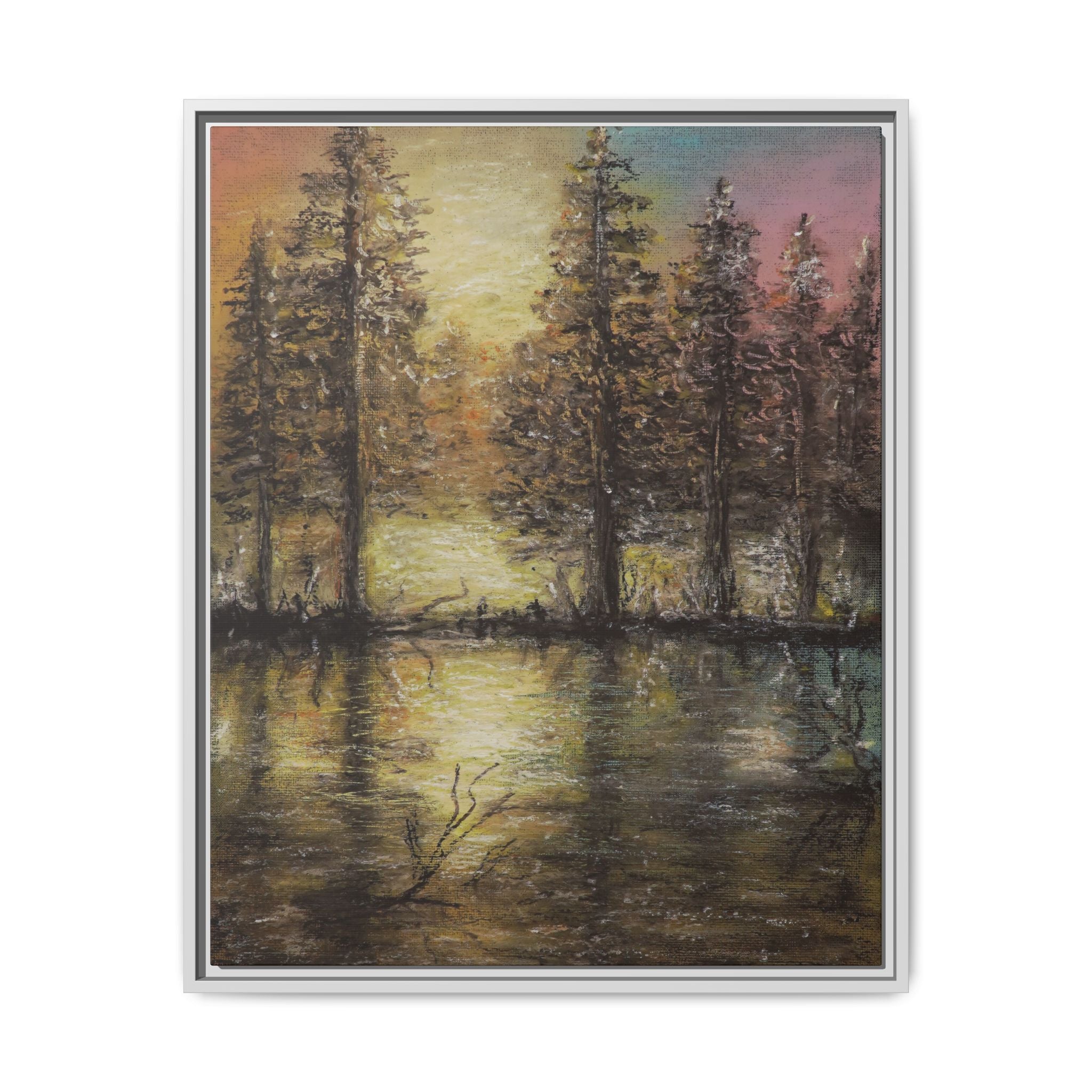 Framed Matte Canvas Wall Art — Sunset Forest Reflection