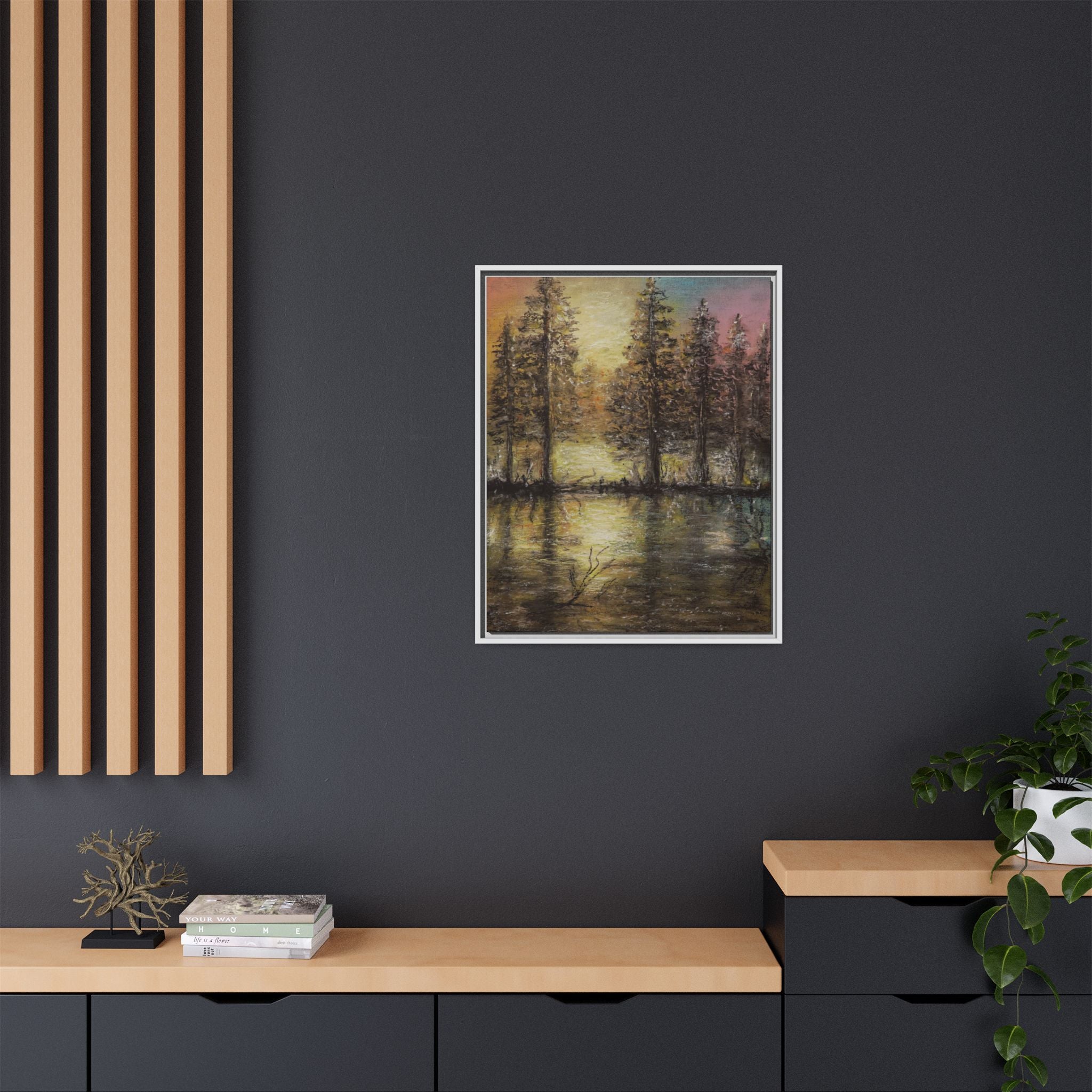 Framed Matte Canvas Wall Art — Sunset Forest Reflection