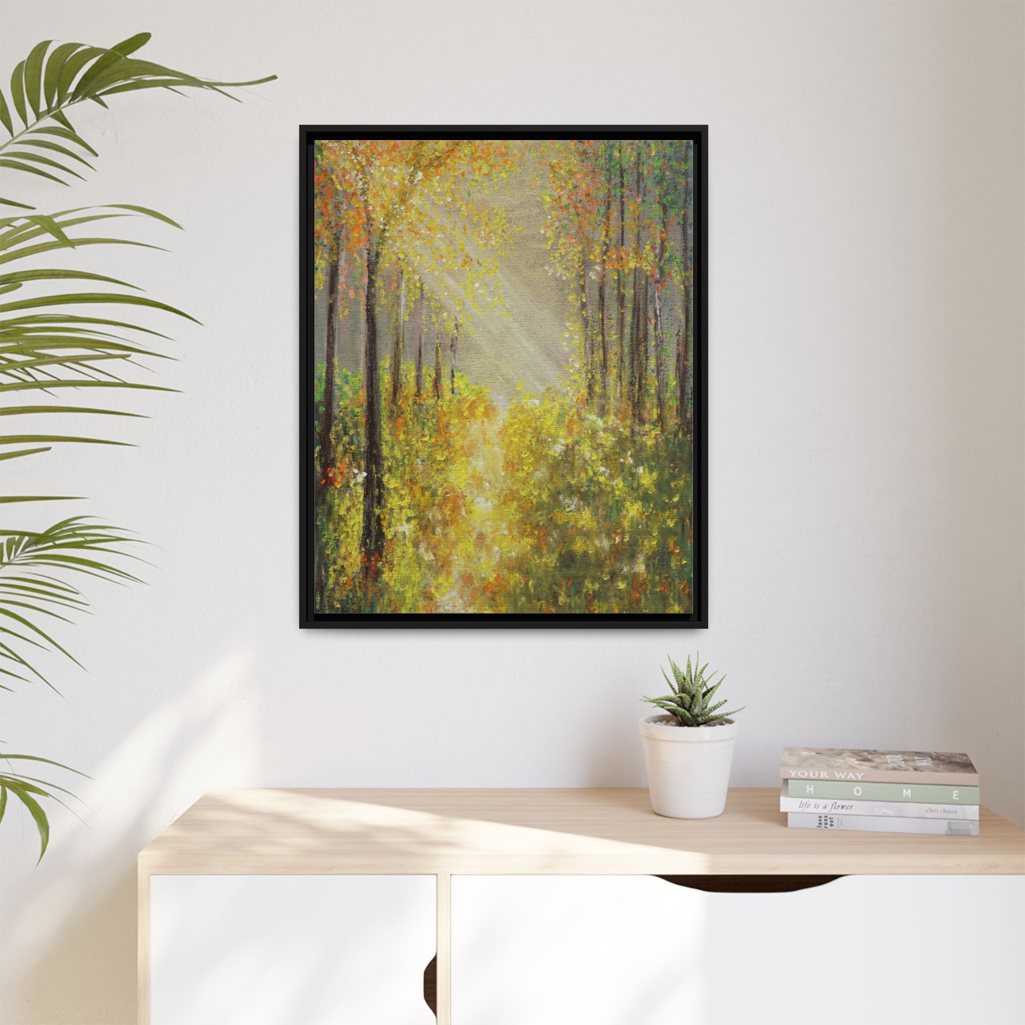 Sunlit Forest Path Framed Canvas Art — Autumn Woodland Wall Decor
