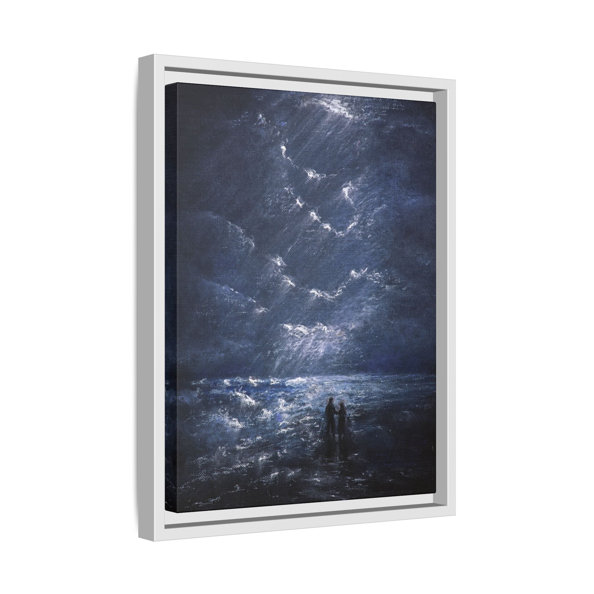Couple on Shore at Night - Framed Canvas Art