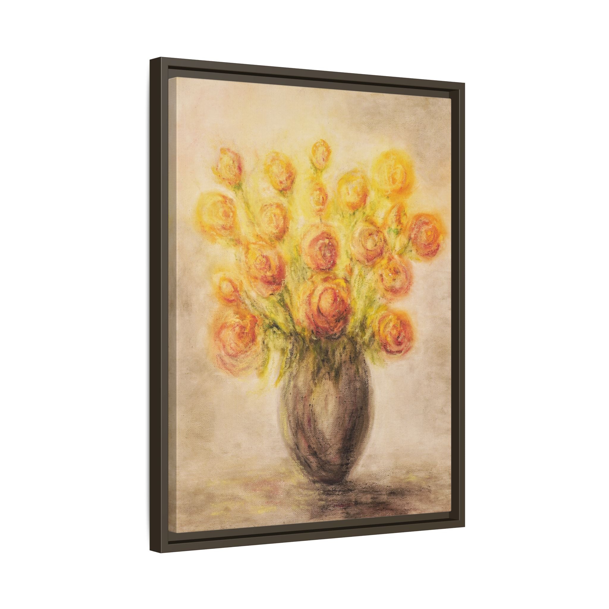 Framed Matte Canvas Floral Bouquet Wall Art — Yellow Rose Vase Print