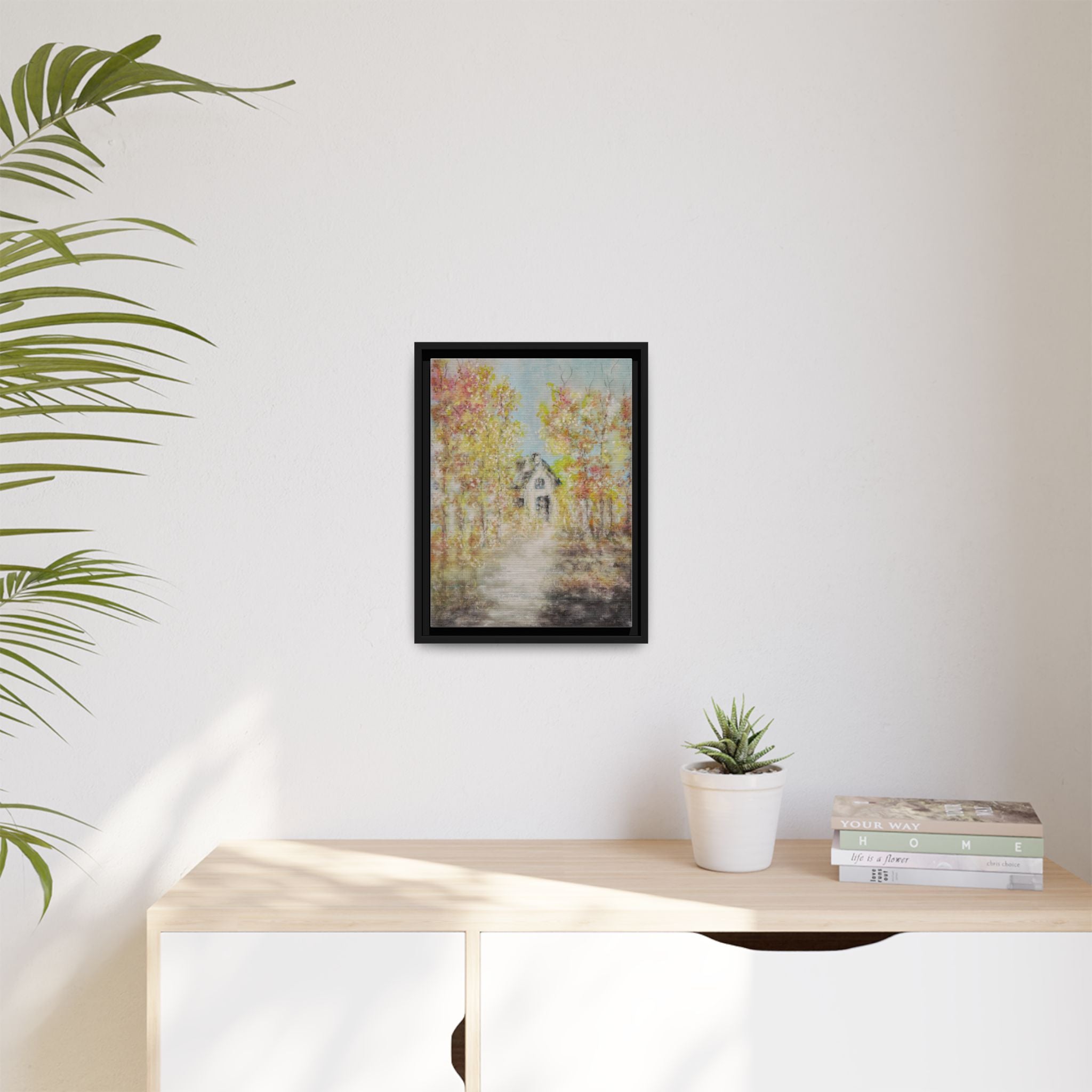 Framed Autumn Cottage Canvas Print — Rustic Fall Landscape Wall Art