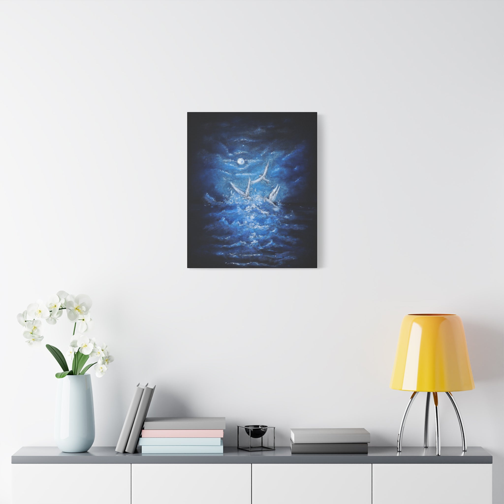 Moonlit White Birds Matte Stretched Canvas – Serene Ocean Wall Art