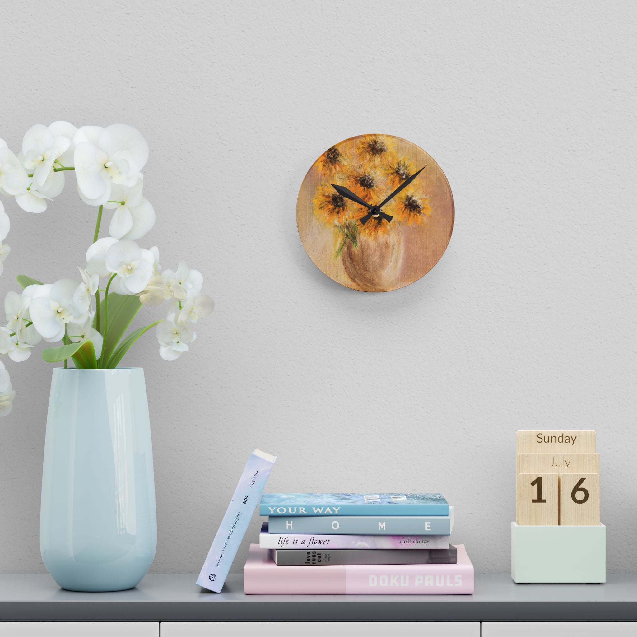 Acrylic Wall Clock — Sunflower Vase Art Clock, Rustic Floral Home Decor