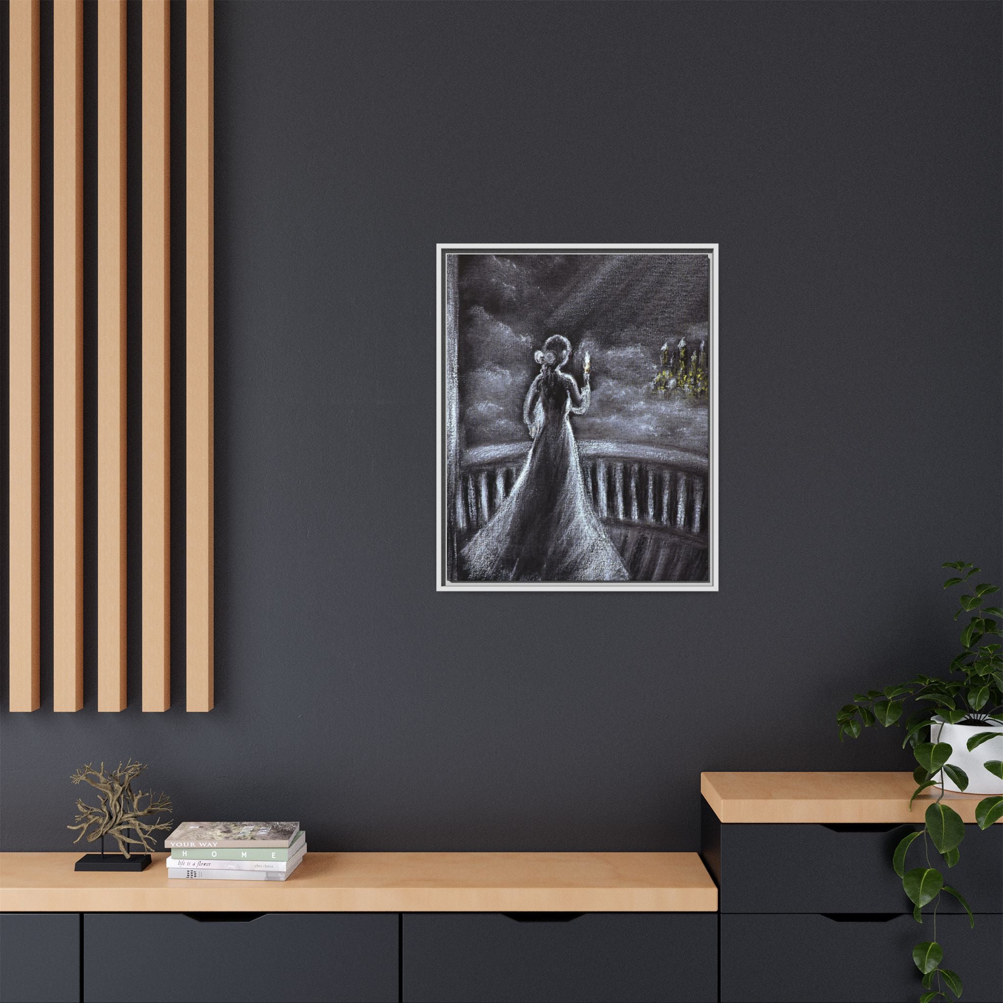 Framed Matte Canvas — Moonlit Lady on Balcony
