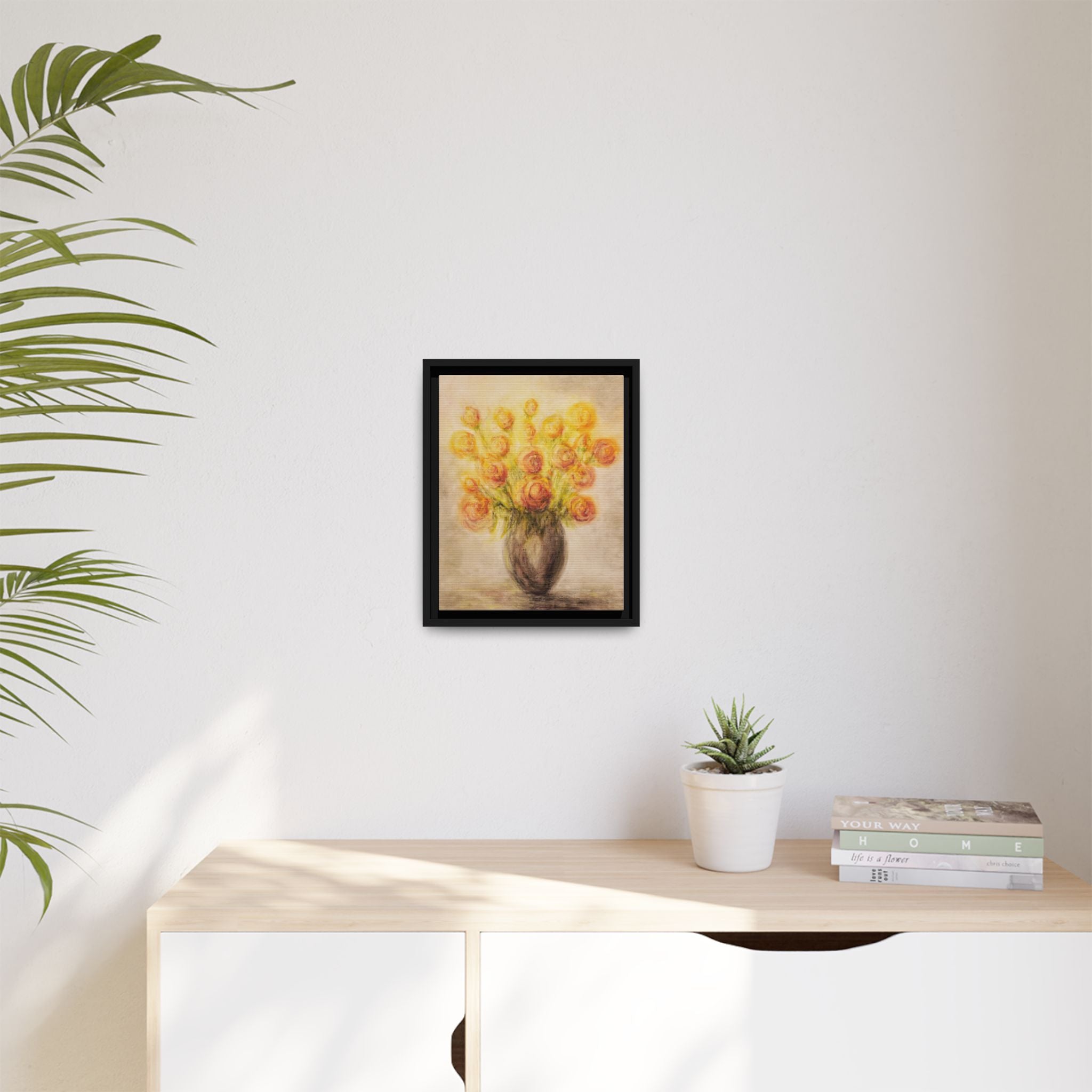 Framed Matte Canvas Floral Bouquet Wall Art — Yellow Rose Vase Print