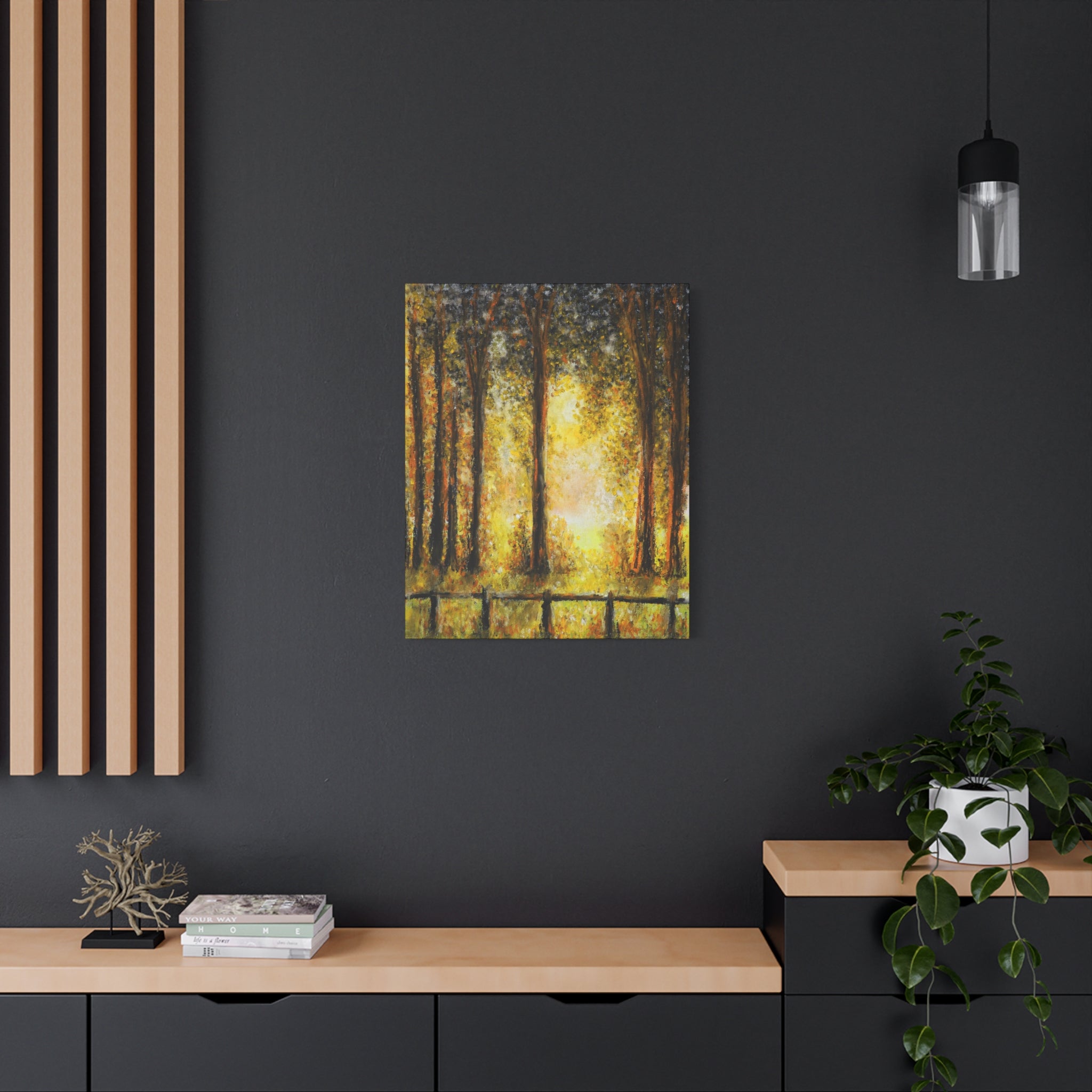 Sunlit Forest Matte Canvas Wall Art — Golden Trees Landscape