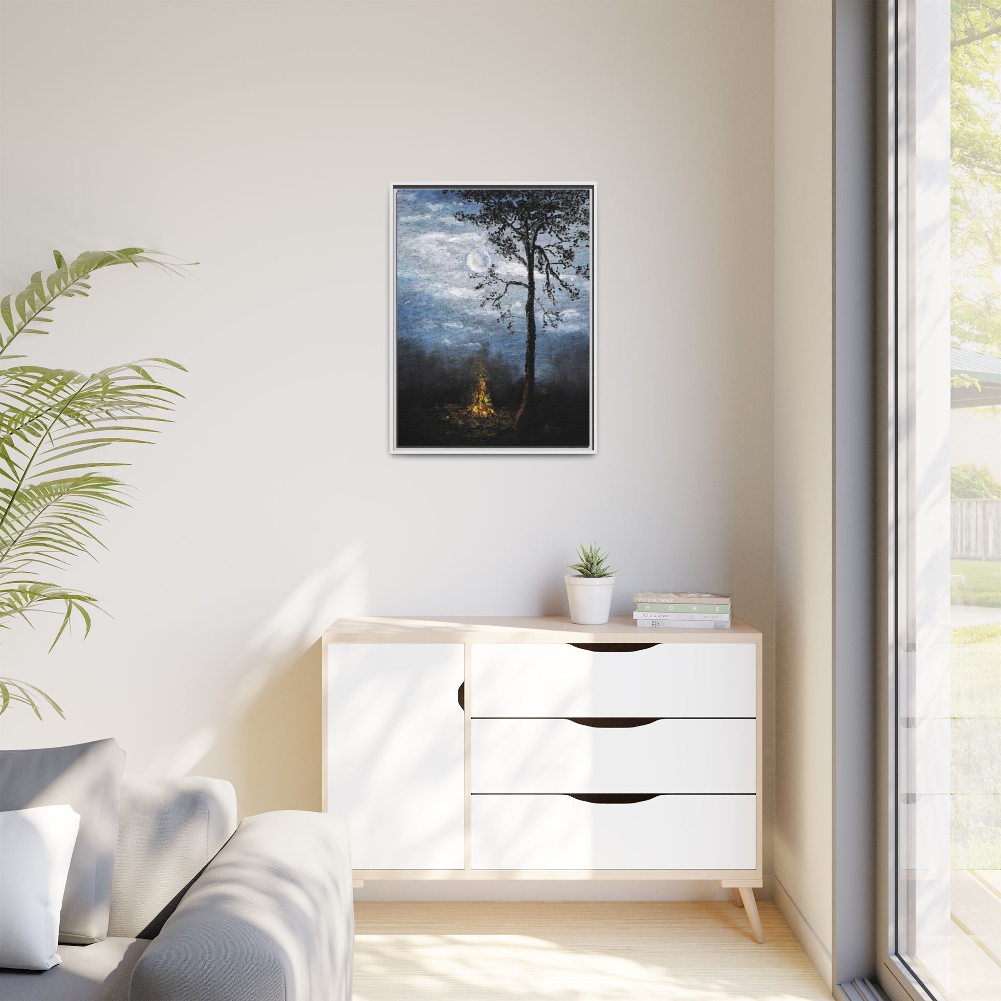 Framed Matte Canvas Print — Moonlit Campfire Landscape