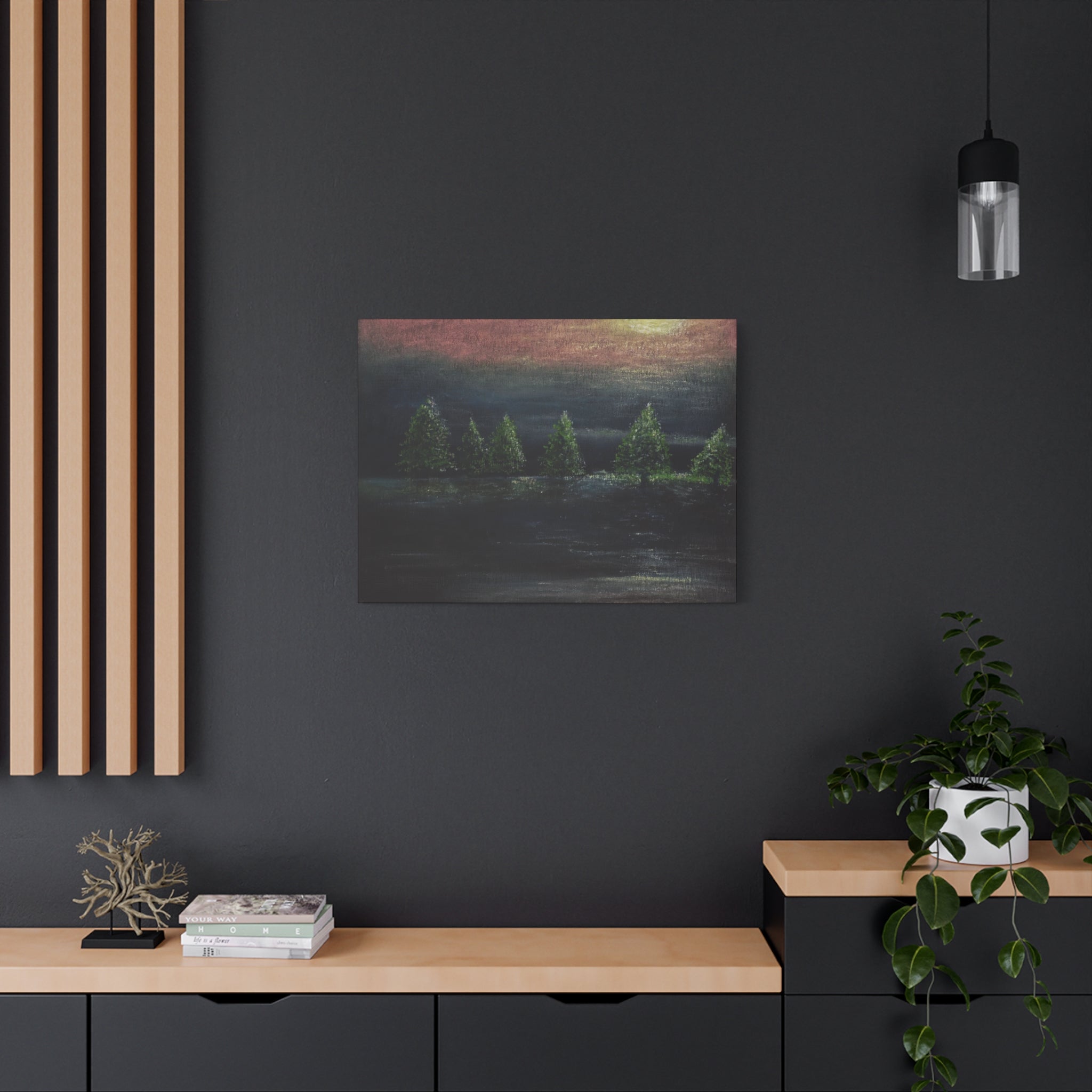 Moonlit Pine Trees Matte Canvas Wall Art — Stretched Nature Landscape Painting