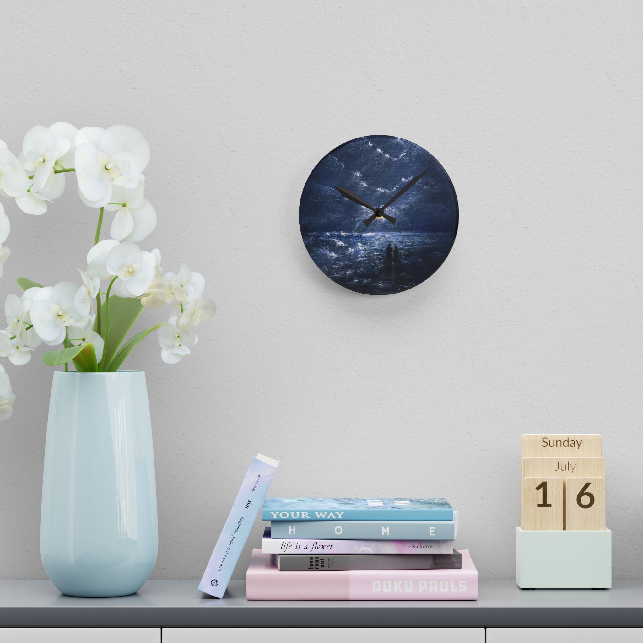 Acrylic Wall Clock — Moody Coastal Nightscape Clock (Couple on Shore)