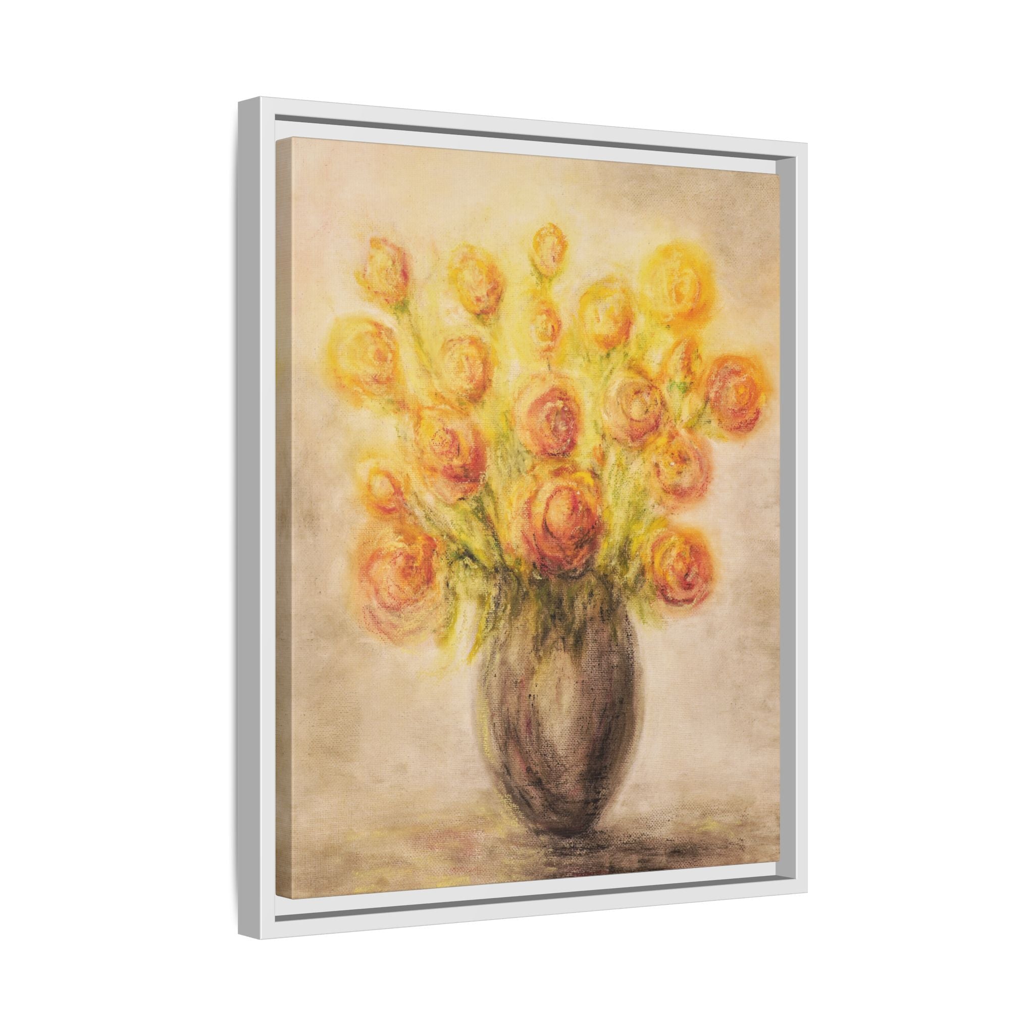Framed Matte Canvas Floral Bouquet Wall Art — Yellow Rose Vase Print