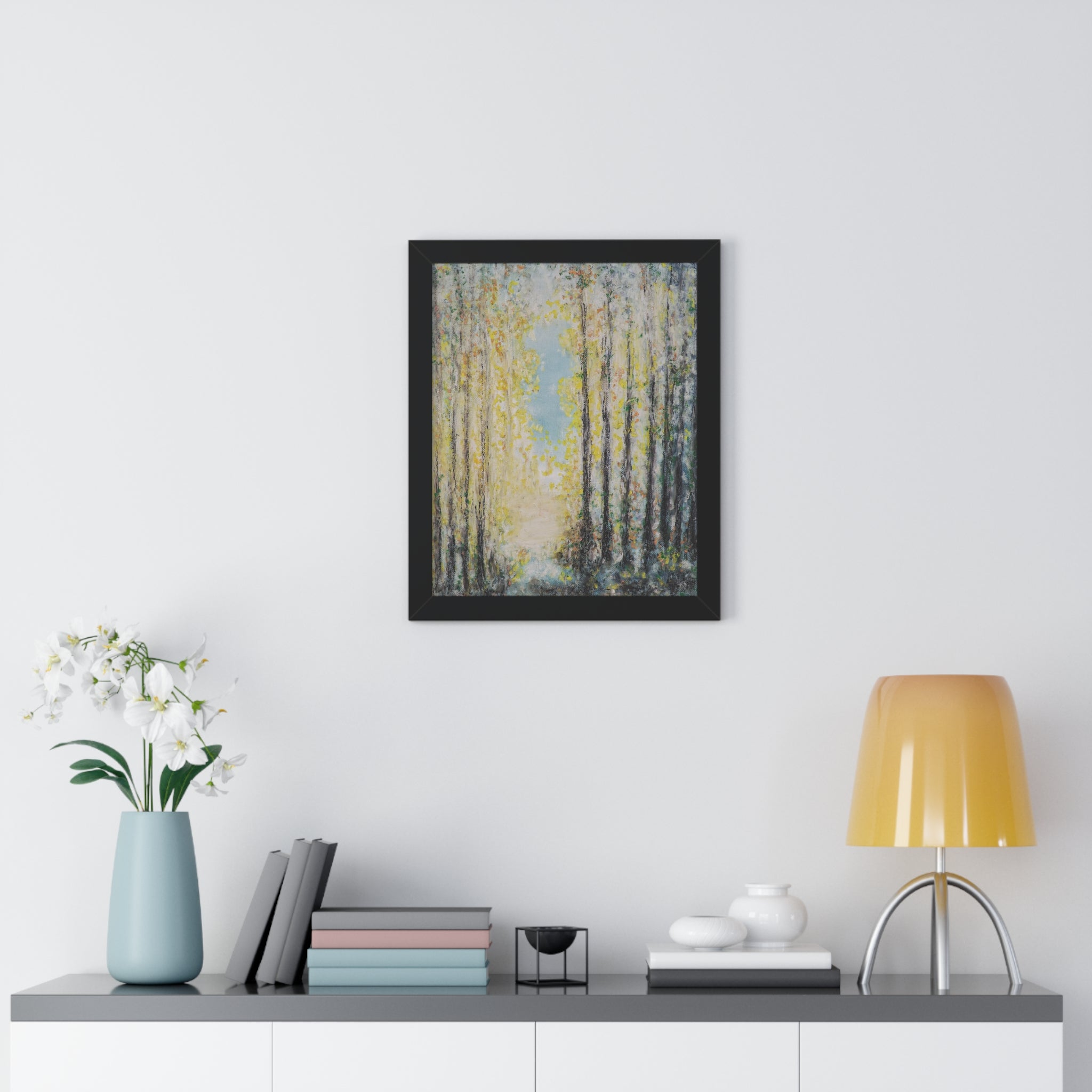 Framed Poster — Serene Sunlit Forest Vertical Art Print