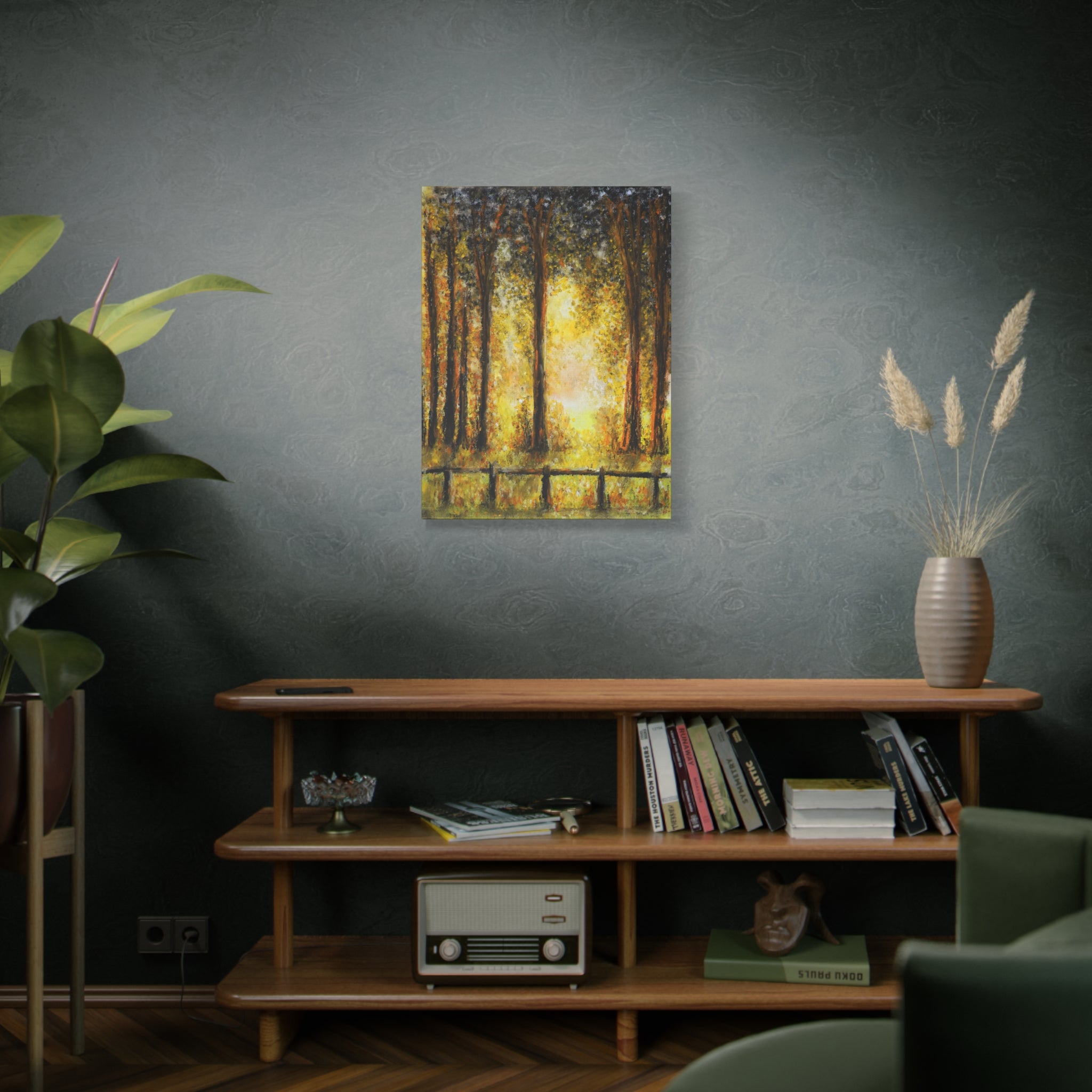 Sunlit Forest Matte Canvas Wall Art — Golden Trees Landscape