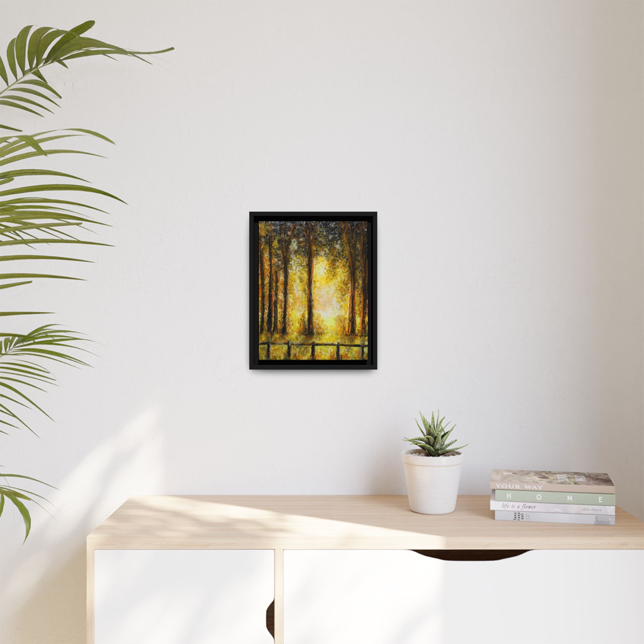 Framed Matte Canvas Art – Golden Forest Sunrise Landscape