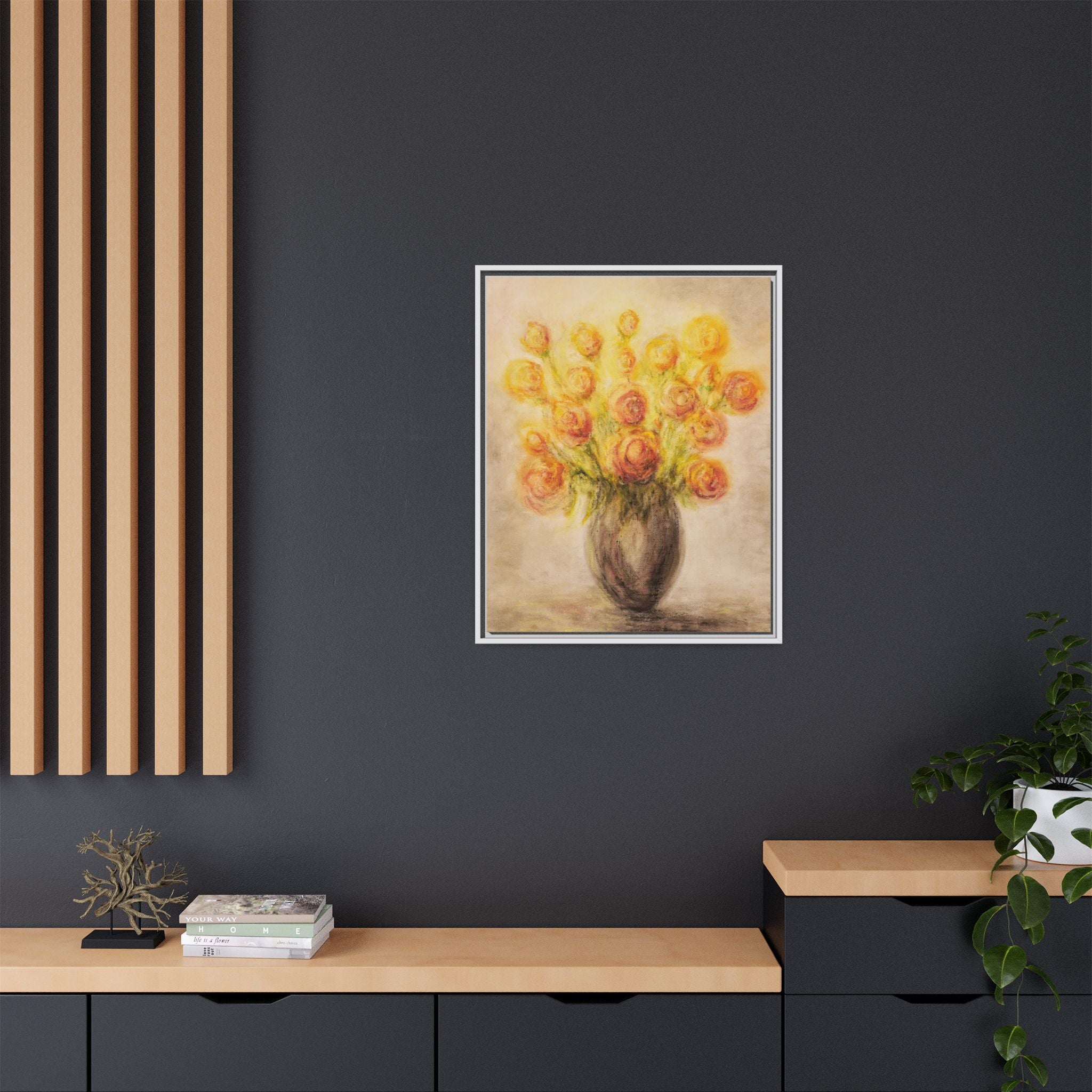 Framed Matte Canvas Floral Bouquet Wall Art — Yellow Rose Vase Print