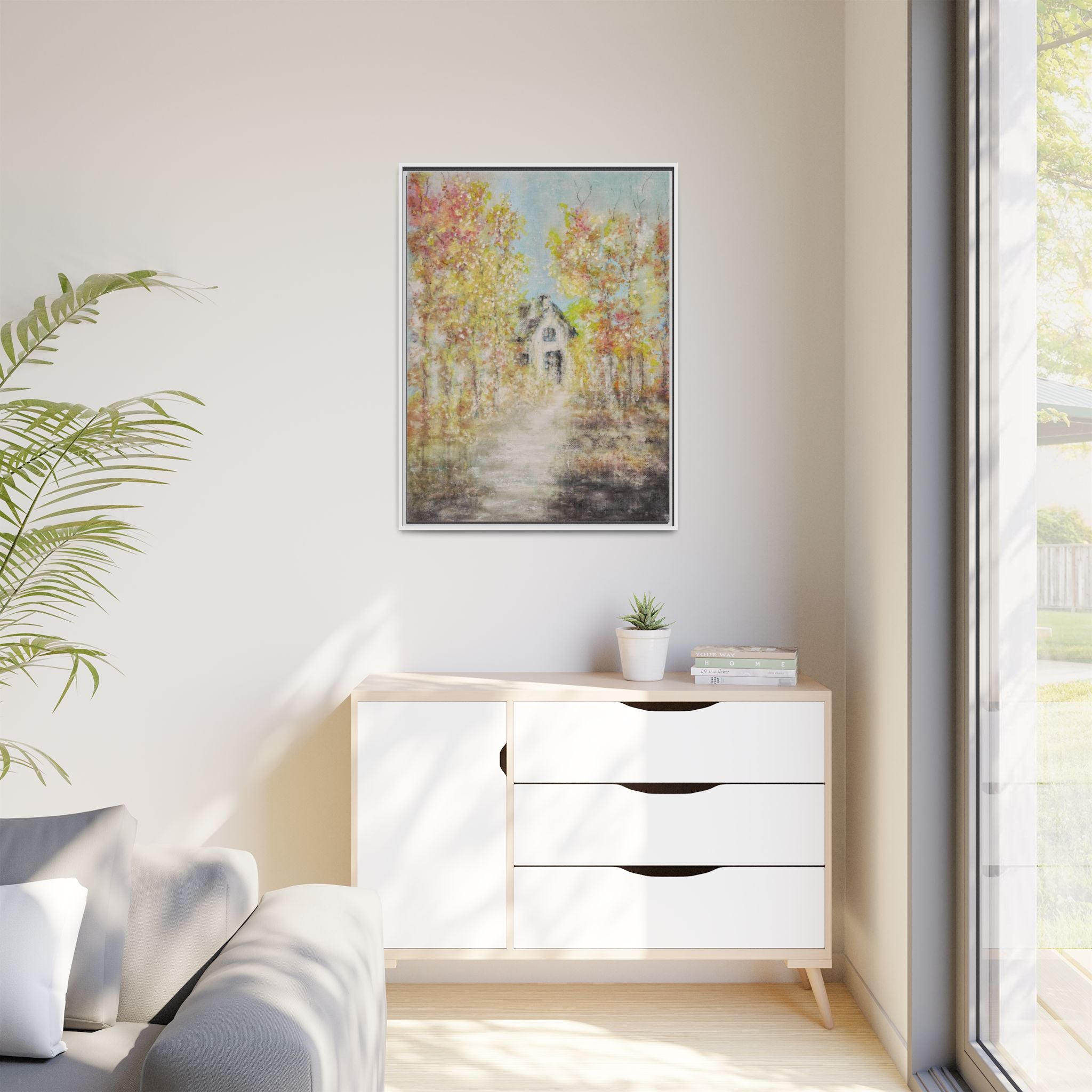 Framed Autumn Cottage Canvas Print — Rustic Fall Landscape Wall Art