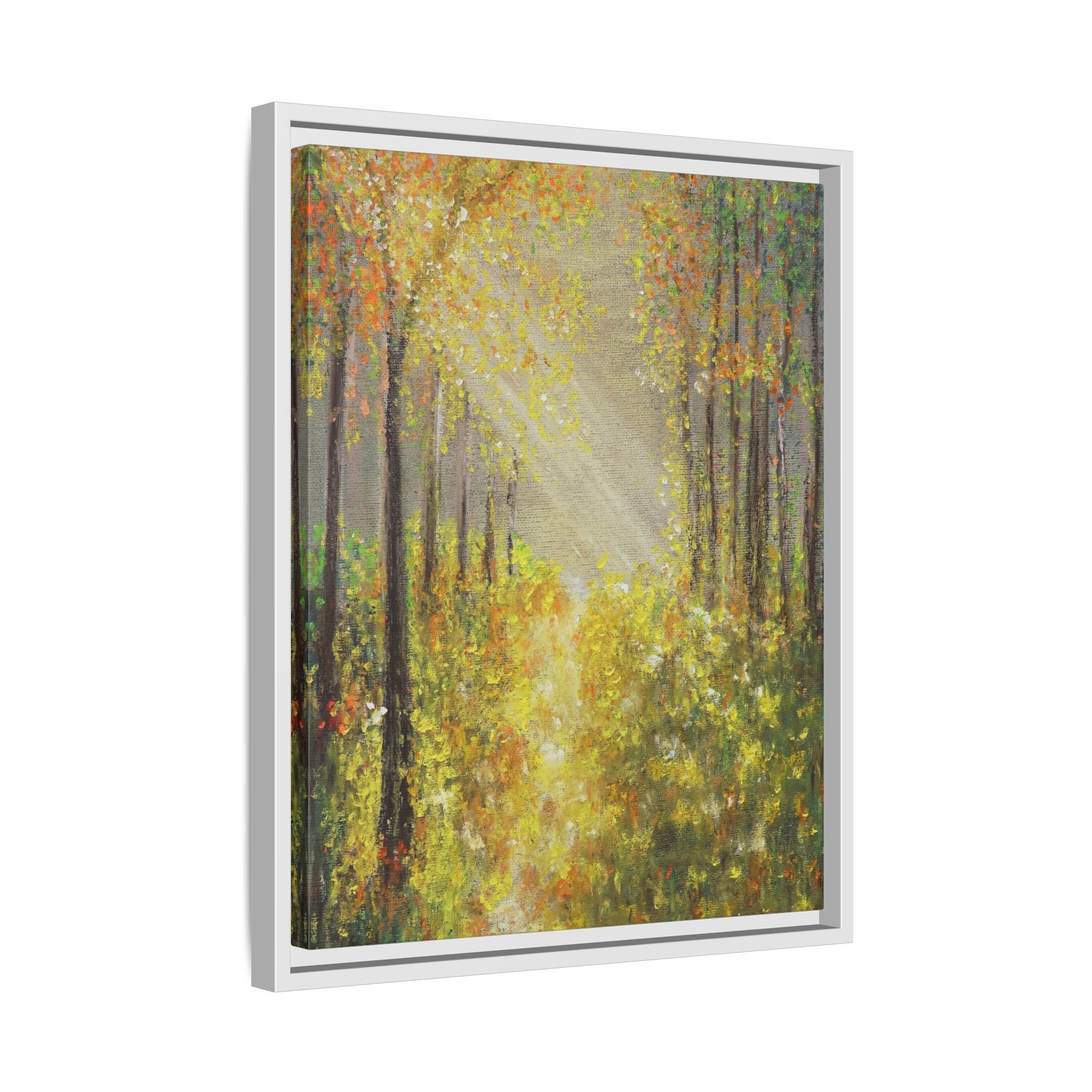 Sunlit Forest Path Framed Canvas Art — Autumn Woodland Wall Decor