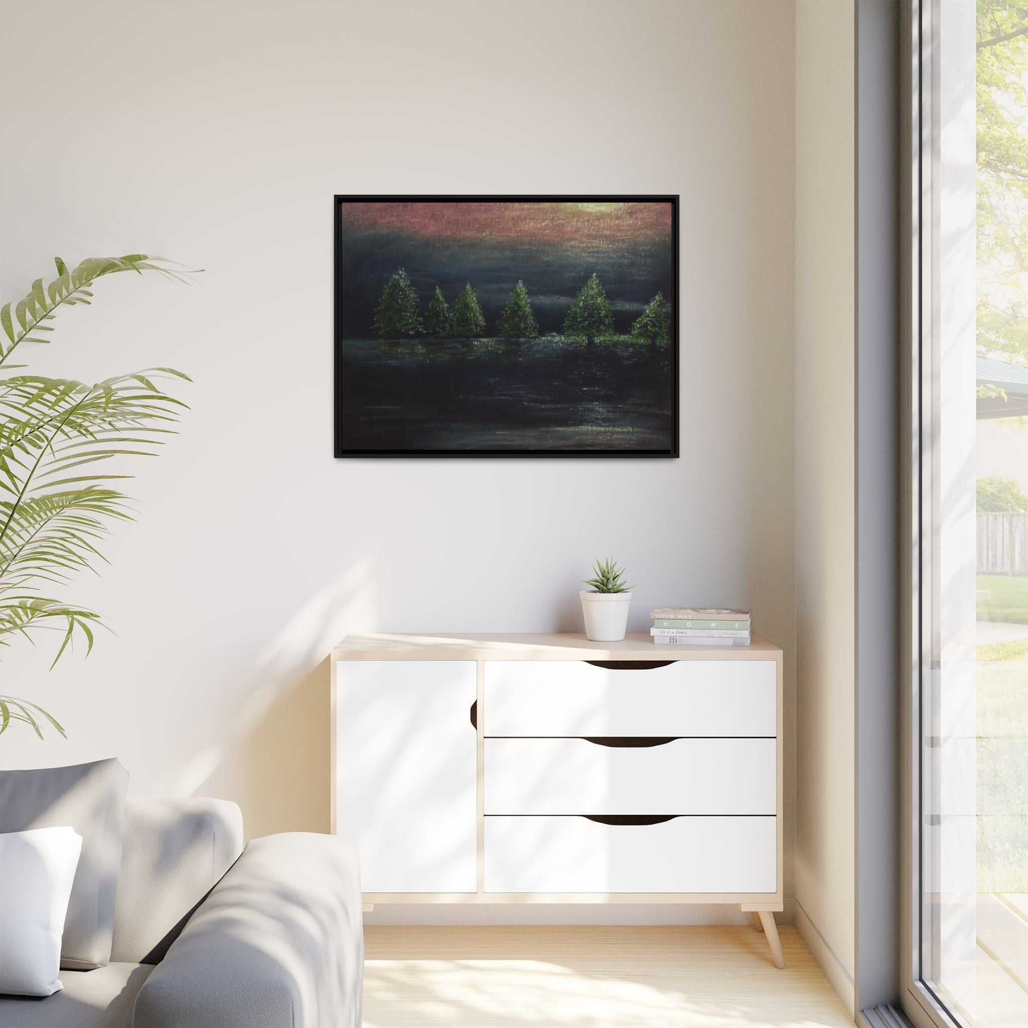 Framed Matte Canvas Wall Art — Moonlit Pine Trees Landscape