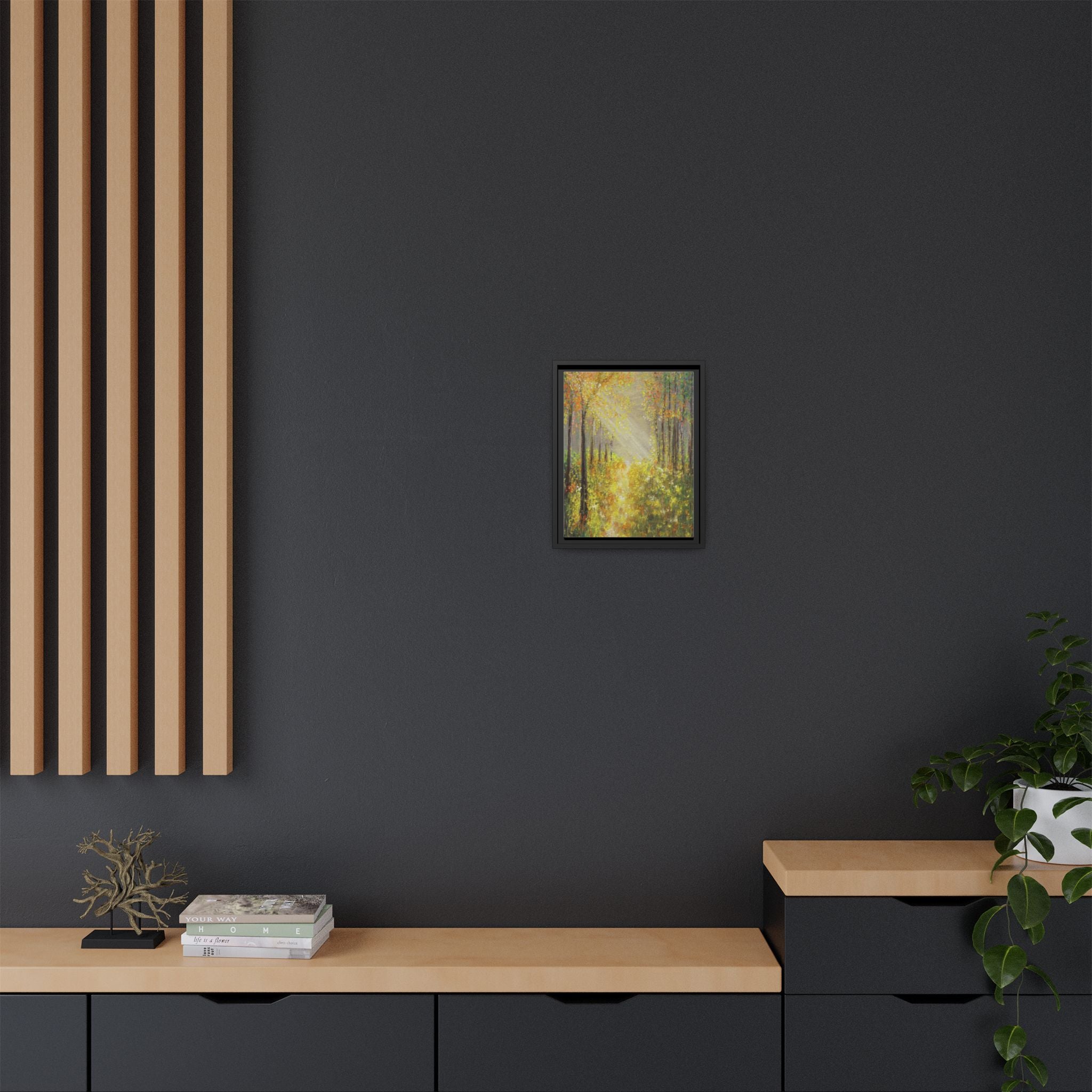 Sunlit Forest Path Framed Canvas Art — Autumn Woodland Wall Decor