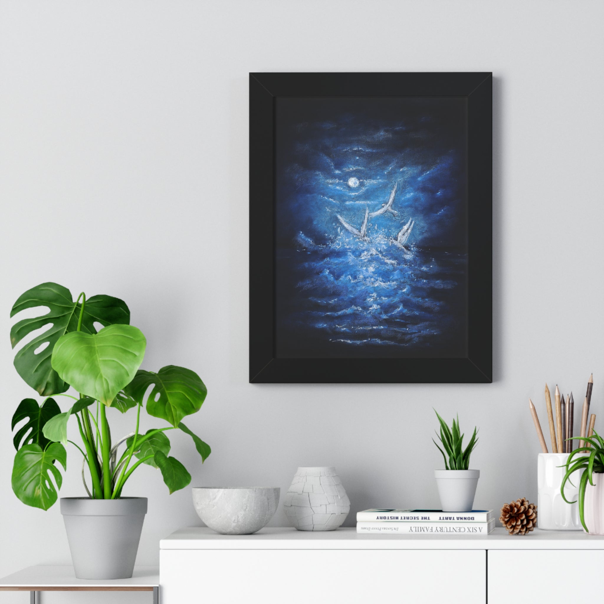 Framed Poster — Moonlit Sea with Flying Birds (Vertical)